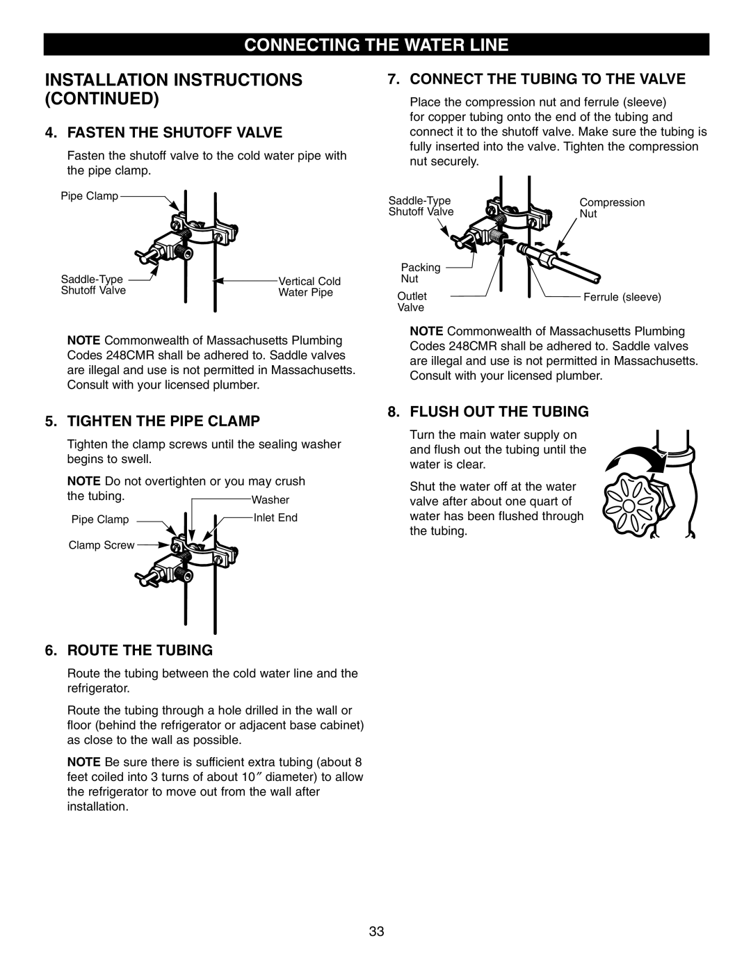 LG Electronics LFX25950 manual Fasten the Shutoff Valve, Connect the Tubing to the Valve, Tighten the Pipe Clamp 