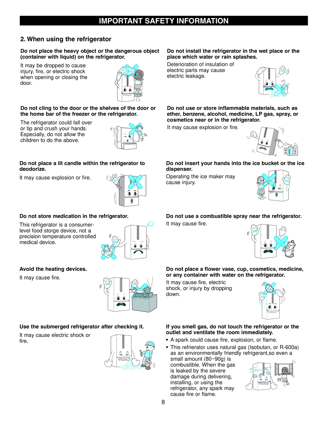 LG Electronics LFX25950 Do not store medication in the refrigerator, Do not use a combustible spray near the refrigerator 