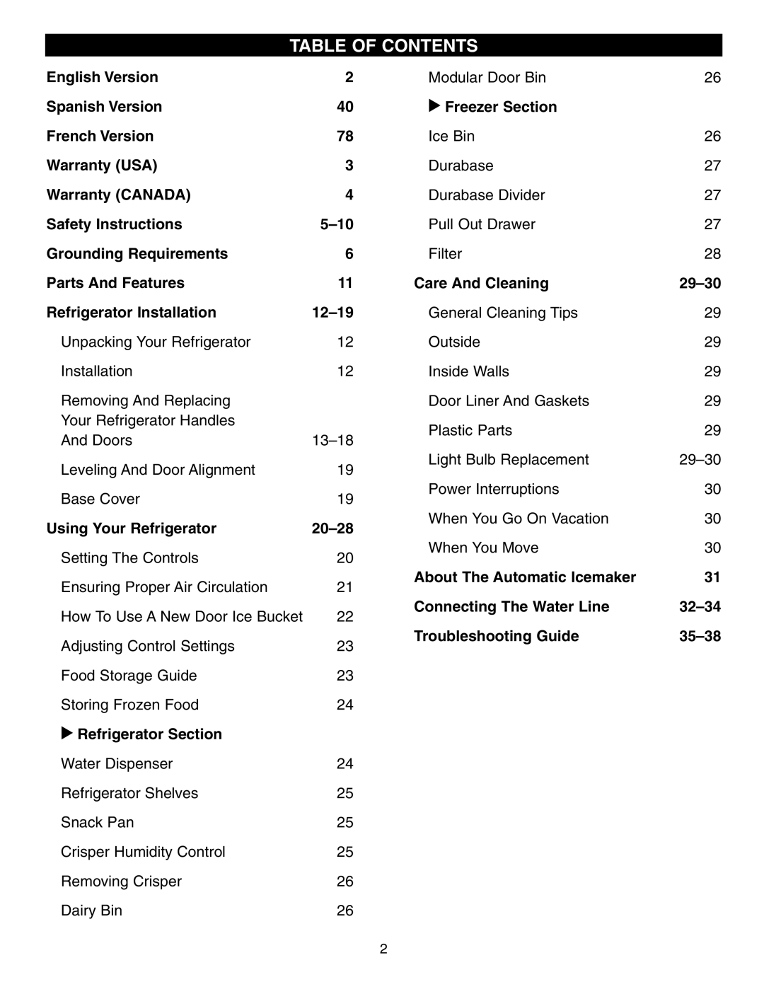 LG Electronics LFX25950 manual Table Of Contents, English Version, Spanish Version, u Freezer Section, French Version, 5-10 