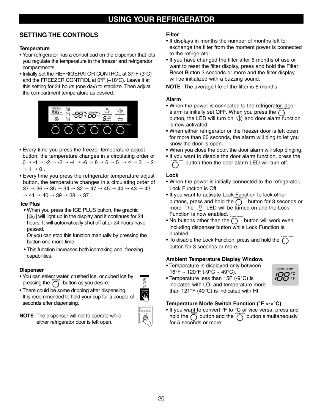 LG Electronics LFX25950 manual Using Your Refrigerator, Setting The Controls 