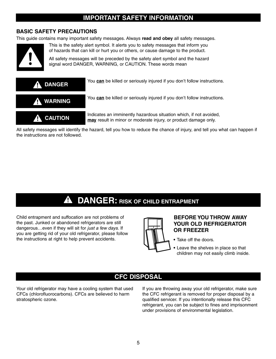 LG Electronics LFX25950 manual Important Safety Information, Cfc Disposal, Basic Safety Precautions, Danger 