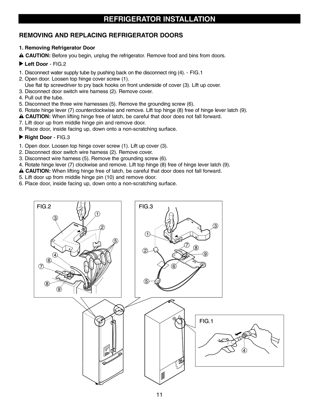 LG Electronics LFX21970 manual Removing and Replacing Refrigerator Doors, Removing Refrigerator Door Left Door, Right Door 