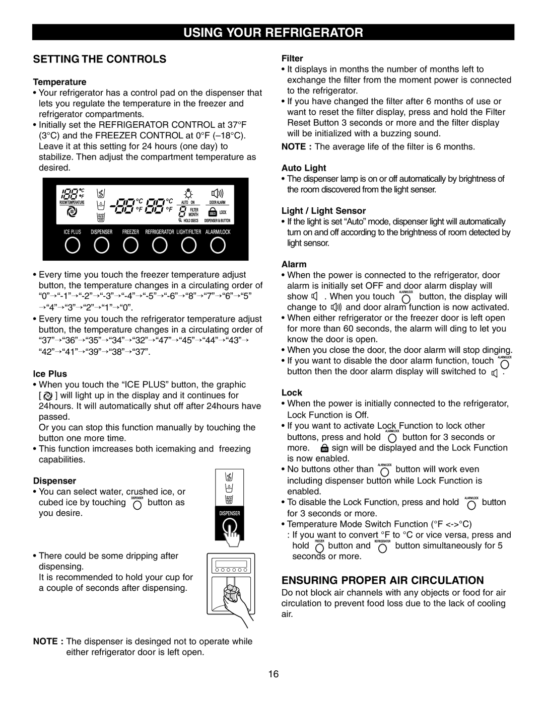 LG Electronics LFX25970, LFX25960, LFX21970 Using Your Refrigerator, Setting the Controls, Ensuring Proper AIR Circulation 