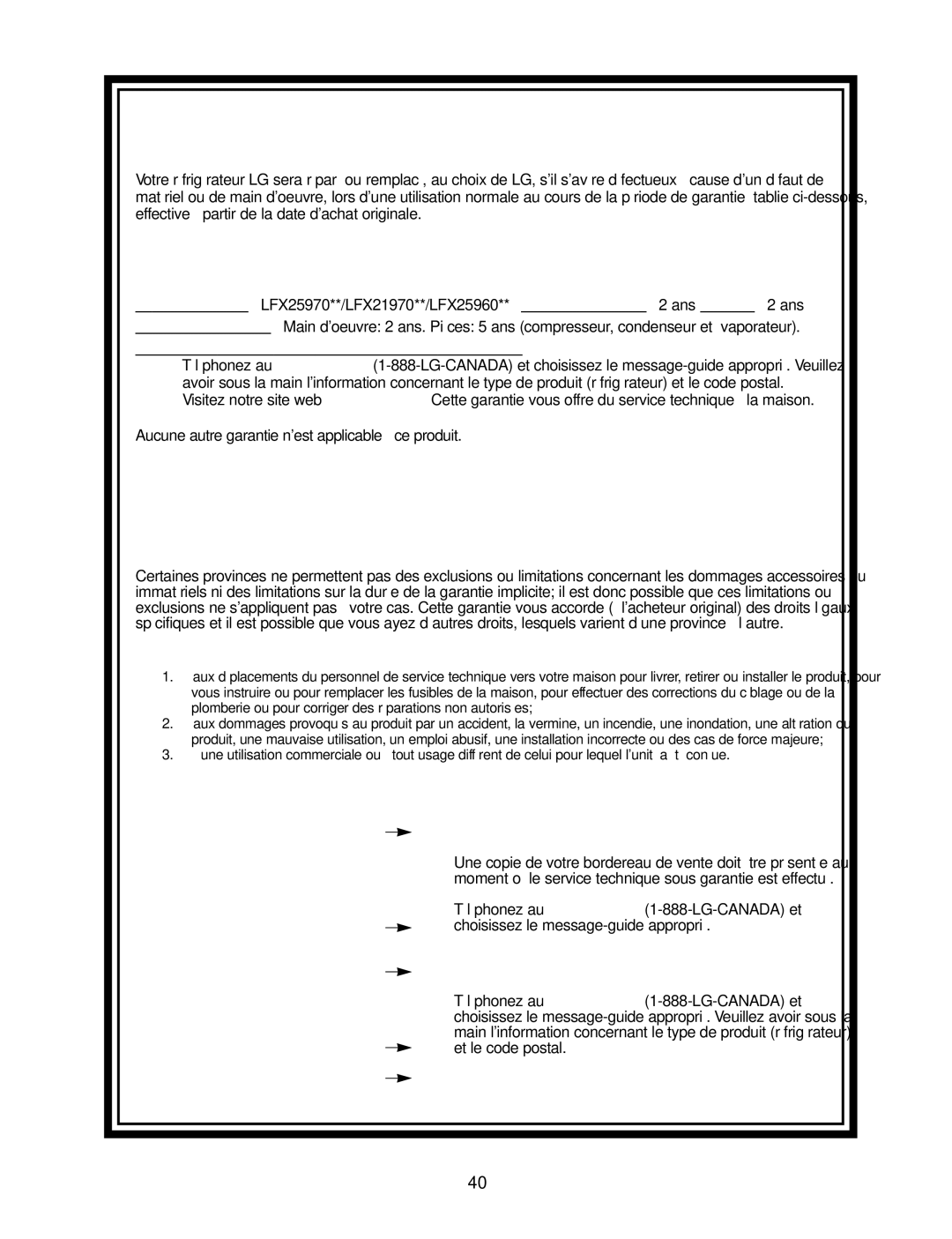 LG Electronics LFX25970, LFX25960, LFX21970 manual Garantie Limitée DU Réfrigérateur LG Canada 