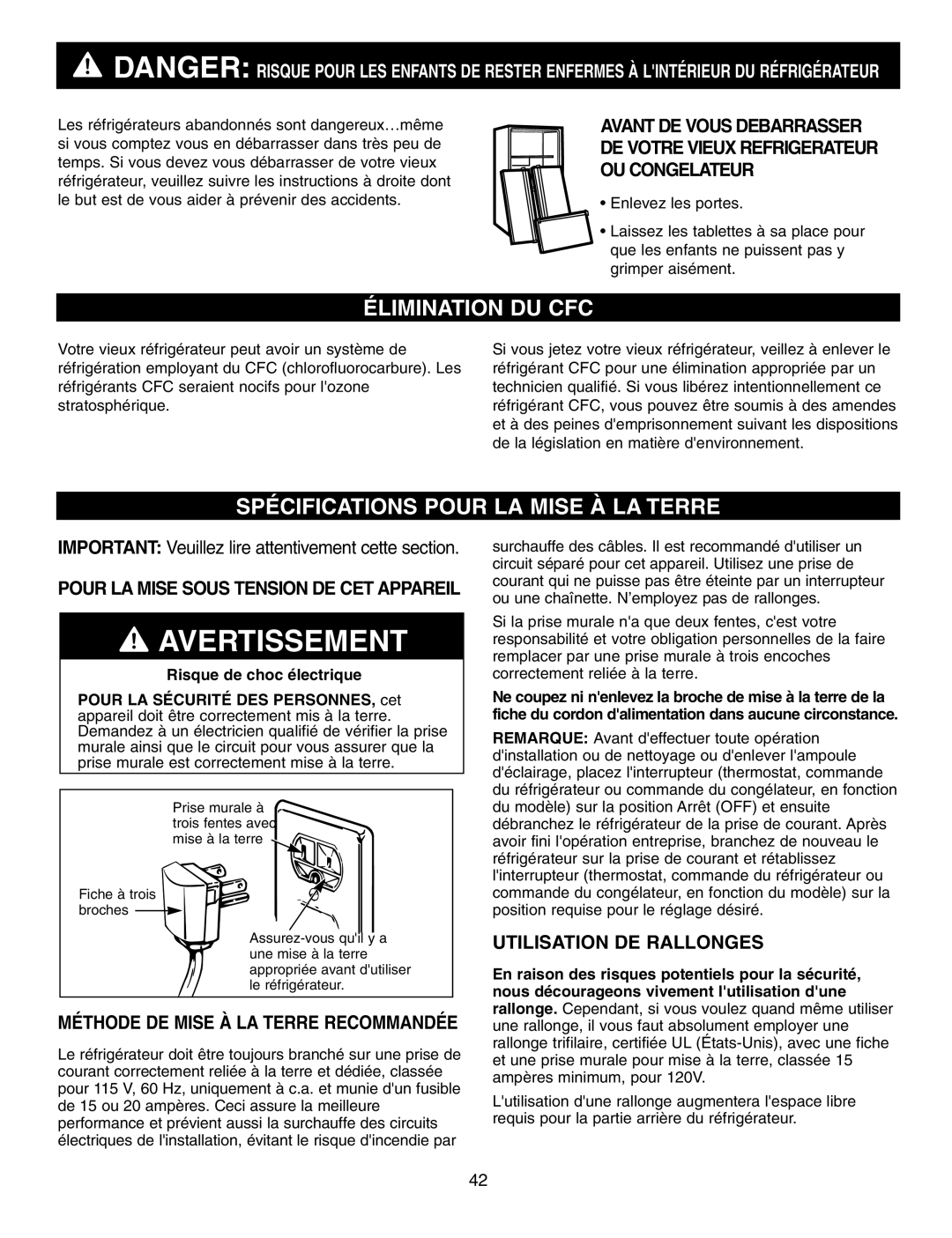 LG Electronics LFX25960, LFX25970 Élimination DU CFC, Spécifications Pour LA Mise À LA Terre, Utilisation DE Rallonges 