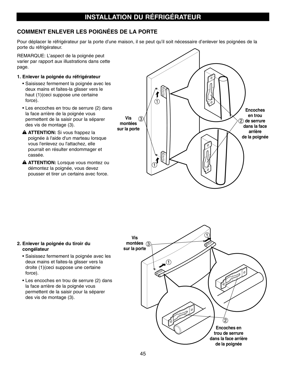 LG Electronics LFX25960, LFX25970, LFX21970 Comment Enlever LES Poignées DE LA Porte, Enlever la poignée du réfrigérateur 