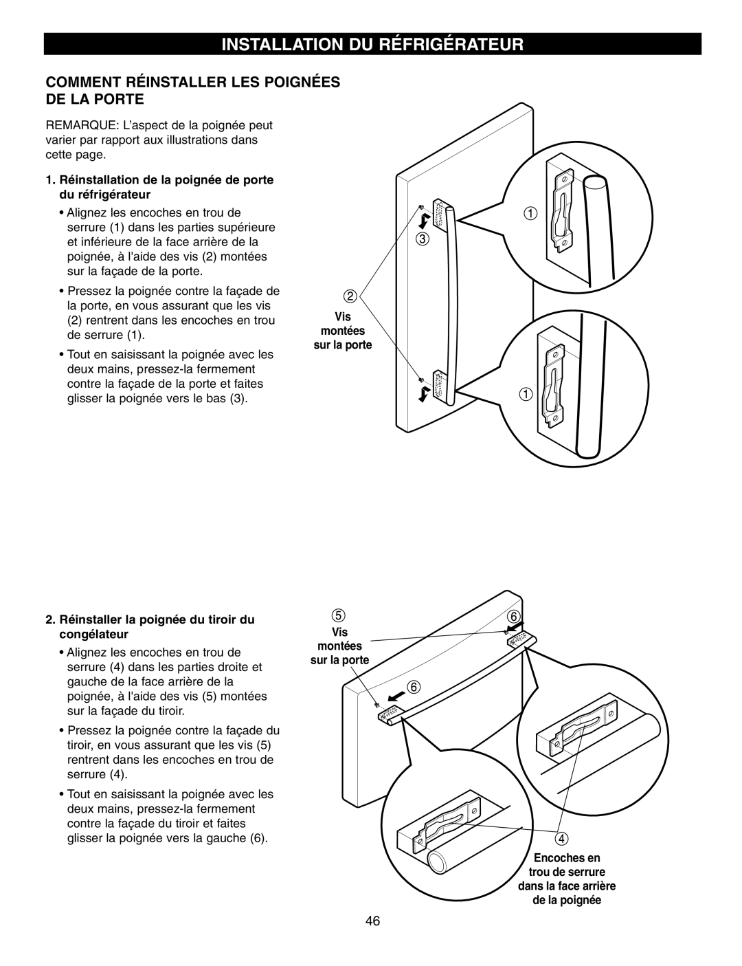 LG Electronics LFX25970 Comment Réinstaller LES Poignées DE LA Porte, Réinstaller la poignée du tiroir du Congélateur 