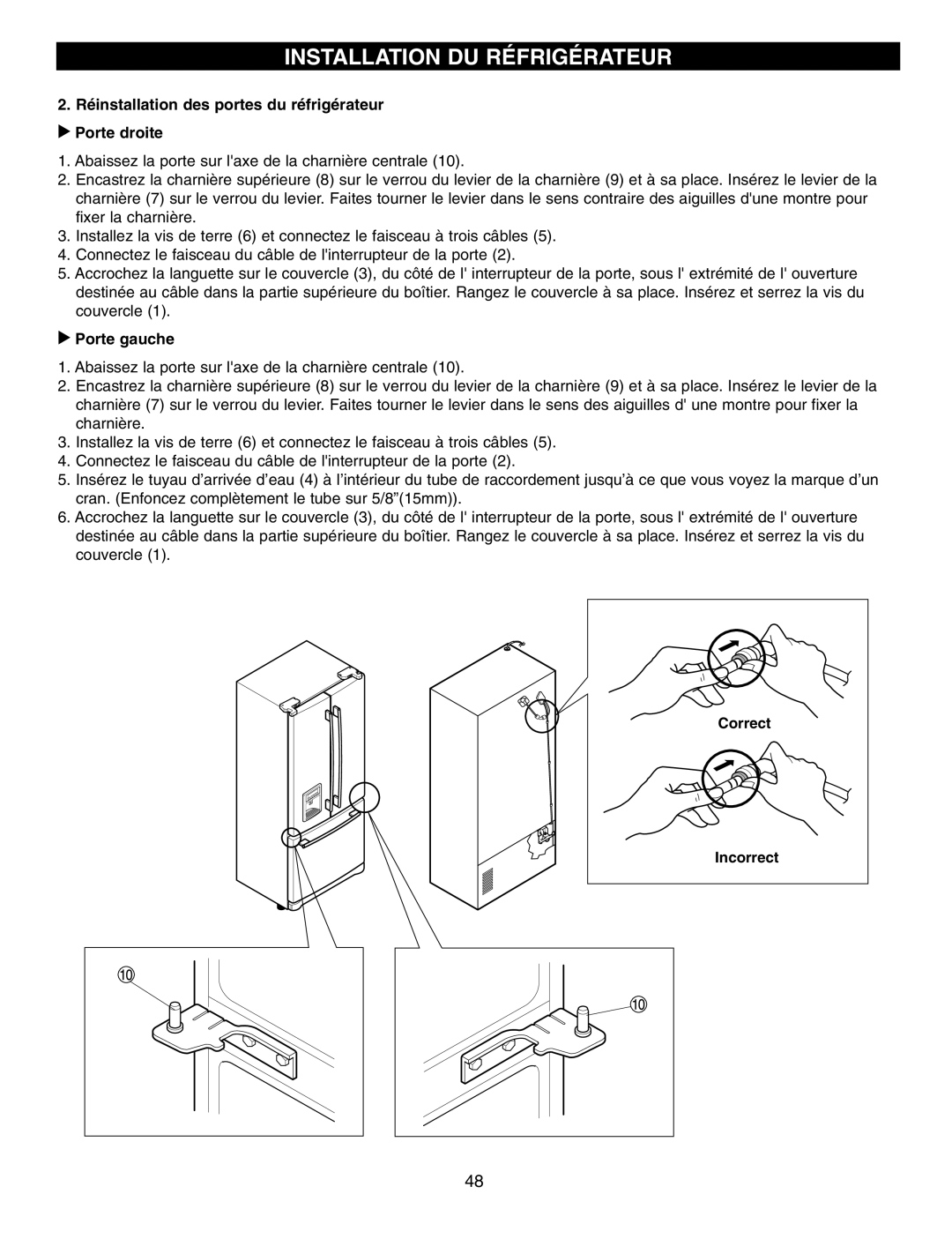 LG Electronics LFX25960, LFX25970, LFX21970 manual Réinstallation des portes du réfrigérateur Porte droite, Correct 