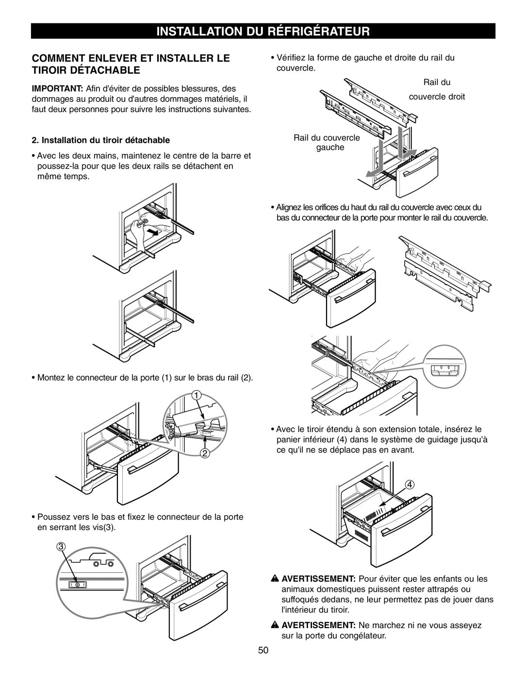 LG Electronics LFX21970, LFX25960, LFX25970 manual Installation du tiroir détachable 