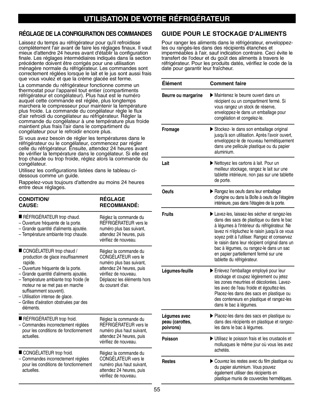 LG Electronics LFX25970, LFX25960, LFX21970 manual Guide Pour LE Stockage Daliments, Condition Réglage Cause Recommandé 