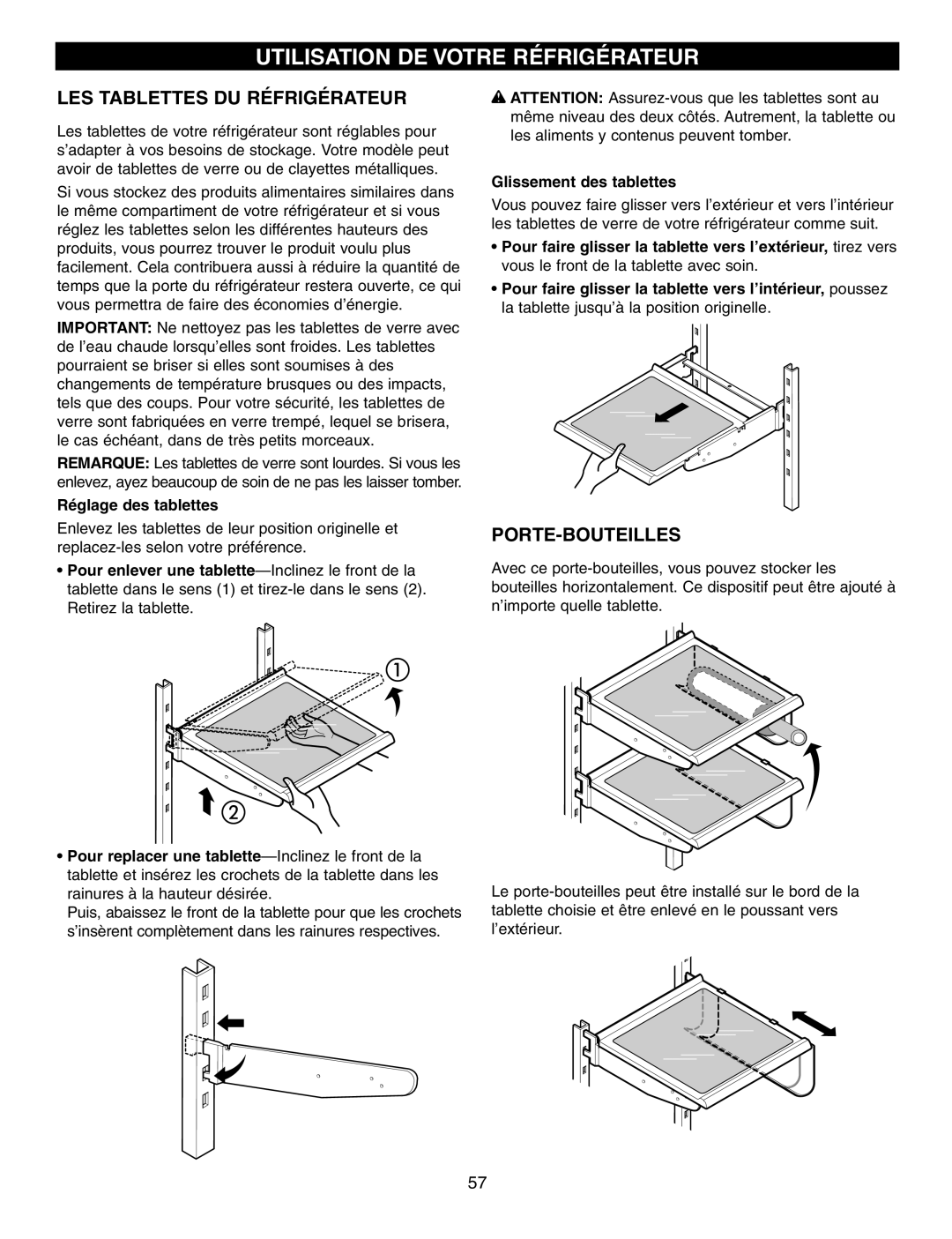 LG Electronics LFX25960, LFX25970, LFX21970 manual LES Tablettes DU Réfrigérateur, Porte-Bouteilles, Réglage des tablettes 