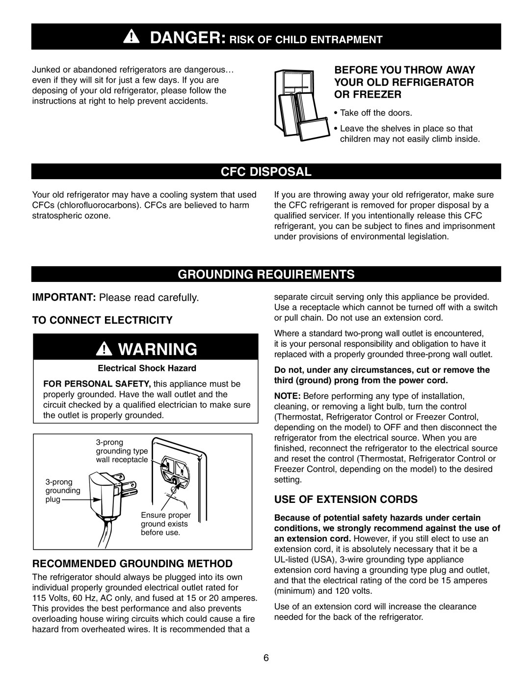 LG Electronics LFX25960 manual CFC Disposal, Grounding Requirements, To Connect Electricity, Recommended Grounding Method 