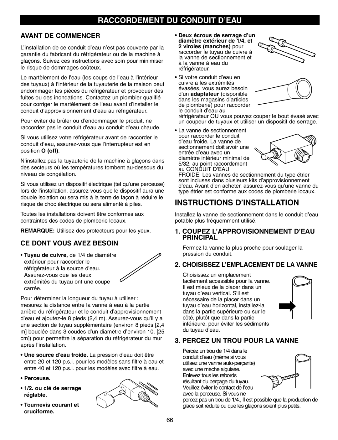 LG Electronics LFX25960, LFX25970, LFX21970 manual Raccordement DU Conduit D’EAU, Instructions D’INSTALLATION 