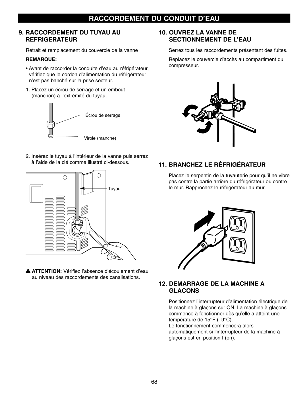 LG Electronics LFX21970 manual Raccordement DU Tuyau AU Refrigerateur, Ouvrez LA Vanne DE Sectionnement DE L’EAU, Remarque 