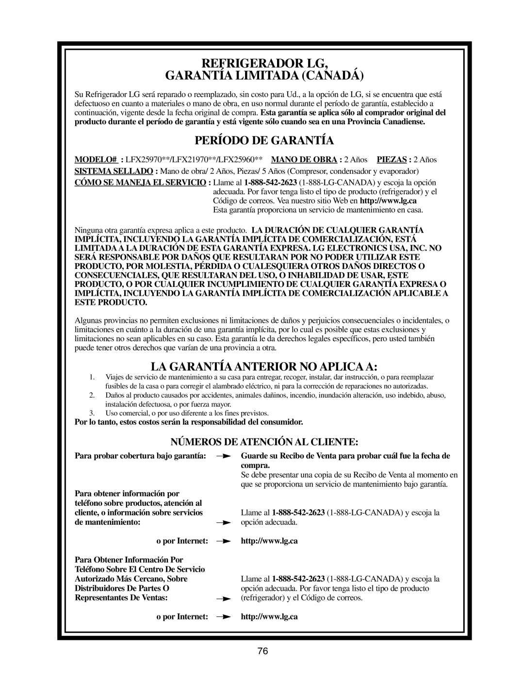 LG Electronics LFX25970, LFX25960, LFX21970 manual Refrigerador LG Garantía Limitada Canadá 