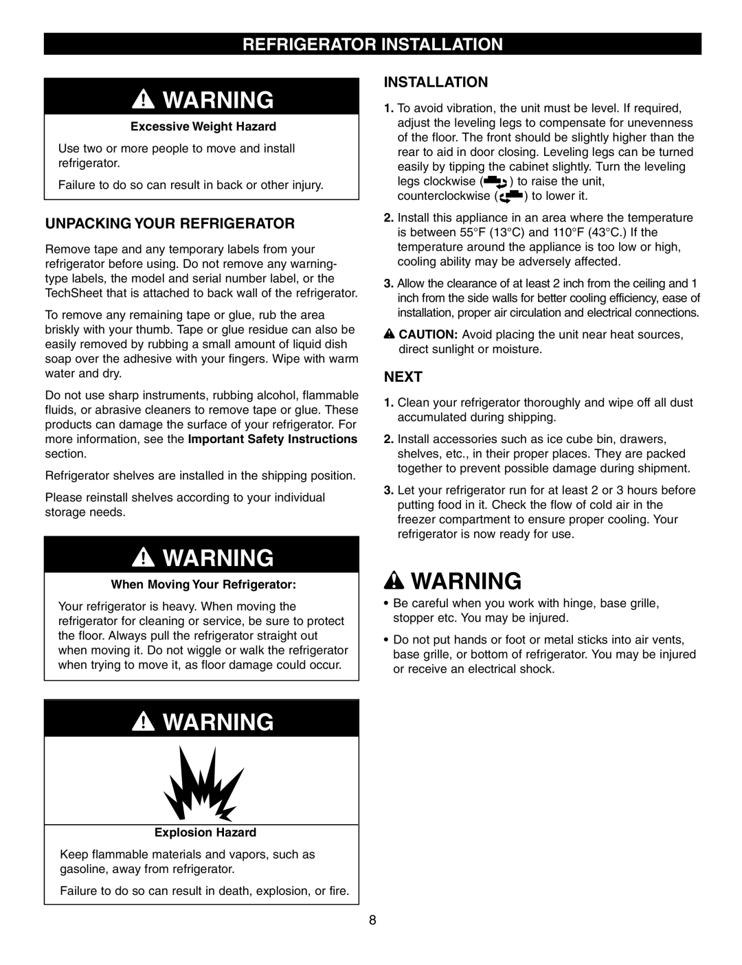 LG Electronics LFX21970, LFX25960, LFX25970 manual Refrigerator Installation, Unpacking Your Refrigerator, Next 