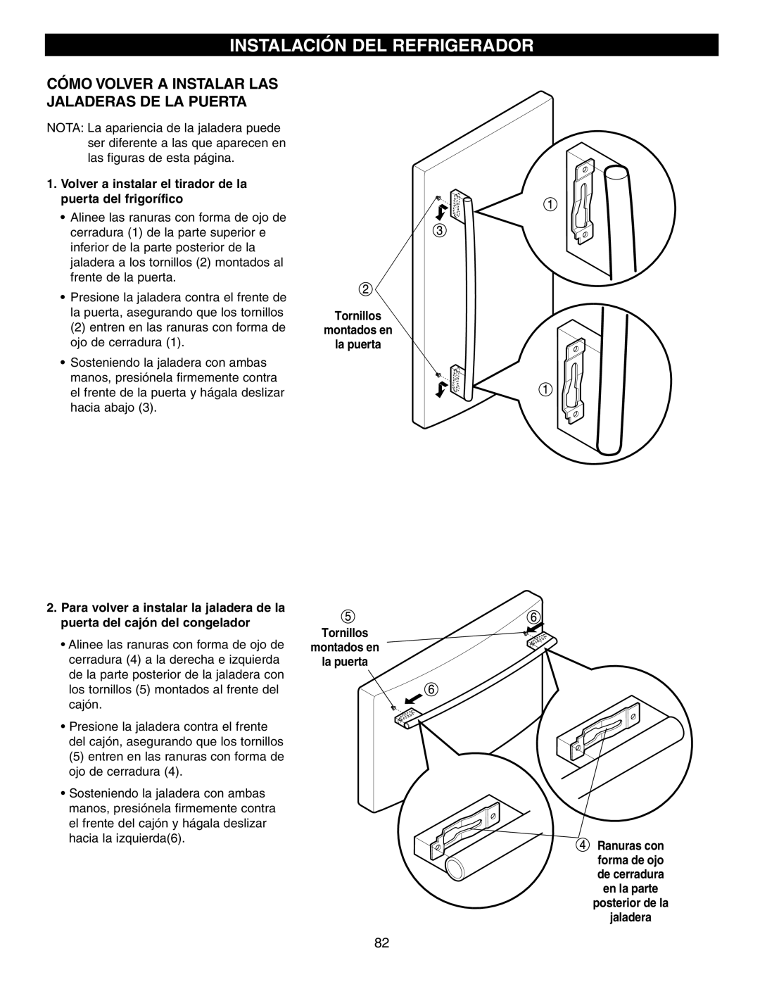 LG Electronics LFX25970 manual Volver a instalar el tirador de la puerta del frigorífico, Tornillos Montados en La puerta 