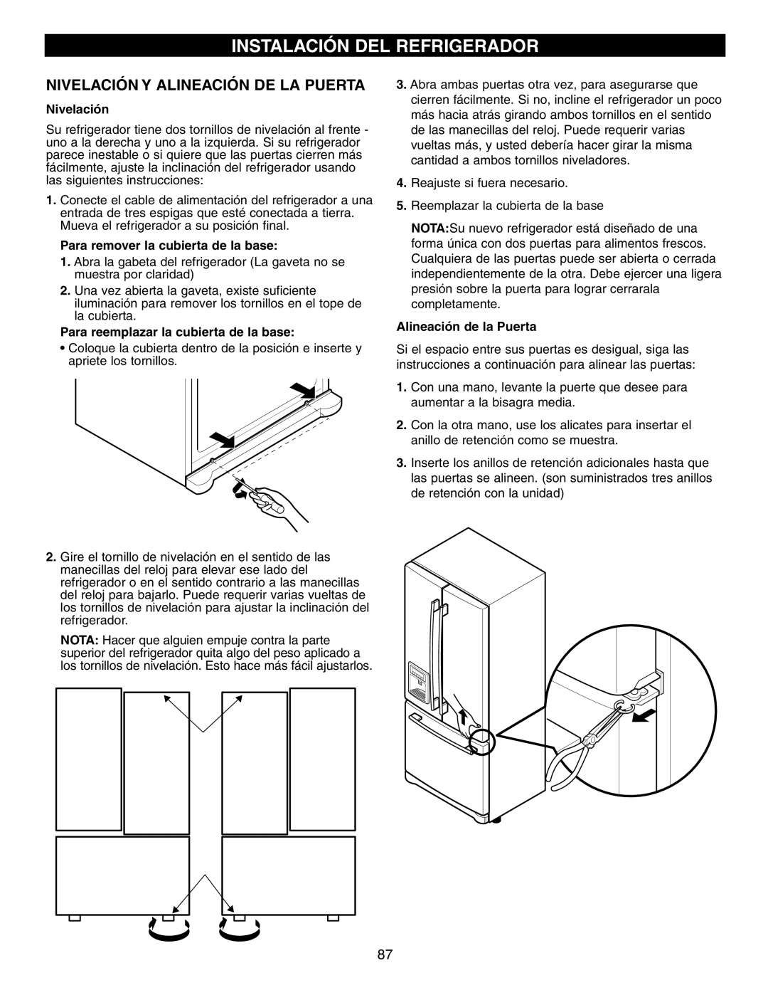 LG Electronics LFX25960 Nivelación Y Alineación DE LA Puerta, Para remover la cubierta de la base, Alineación de la Puerta 