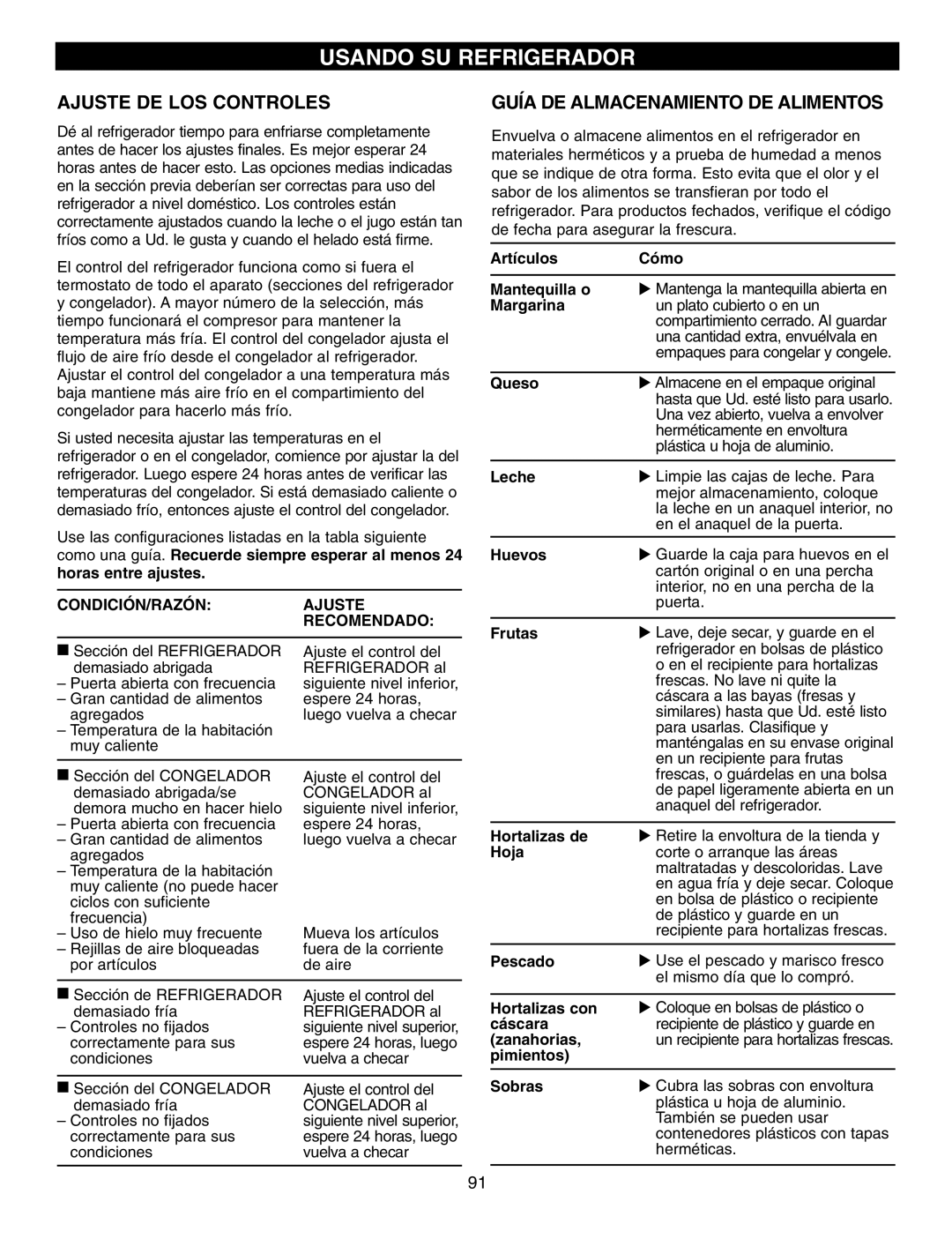 LG Electronics LFX25970 Ajuste DE LOS Controles, Guía DE Almacenamiento DE Alimentos, CONDICIÓN/RAZÓN Ajuste Recomendado 