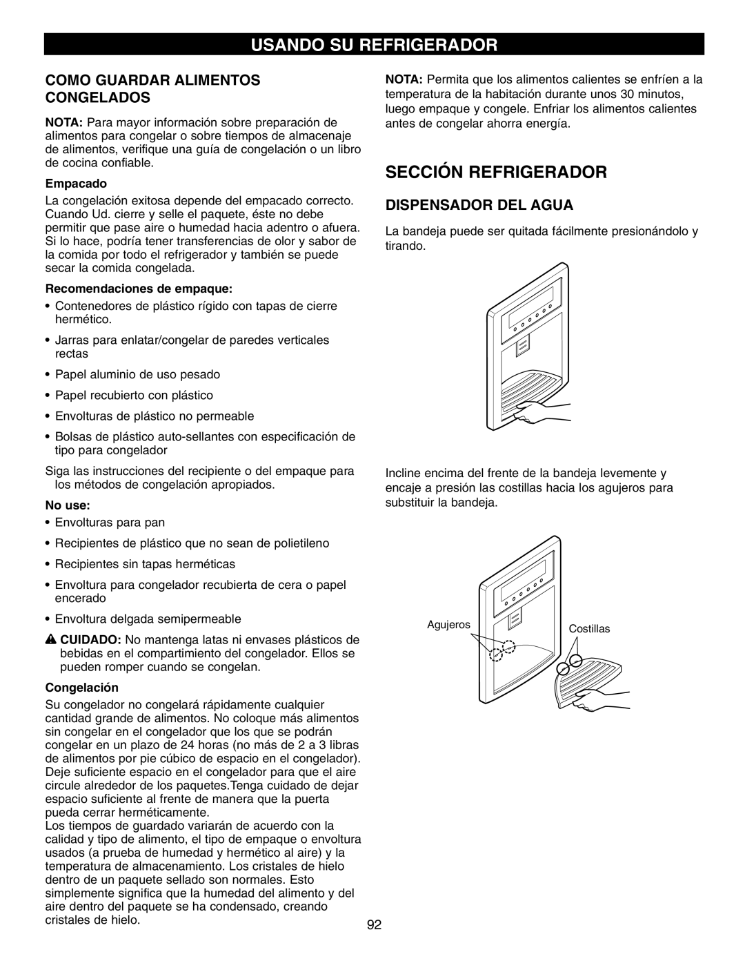 LG Electronics LFX21970, LFX25960, LFX25970 Sección Refrigerador, Como Guardar Alimentos Congelados, Dispensador DEL Agua 