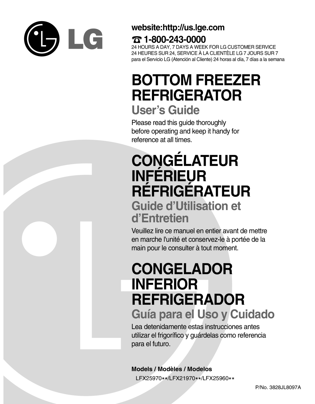 LG Electronics LFX25970 manual Congélateur Inférieur Réfrigérateur, Congelador Inferior Refrigerador, User’s Guide 
