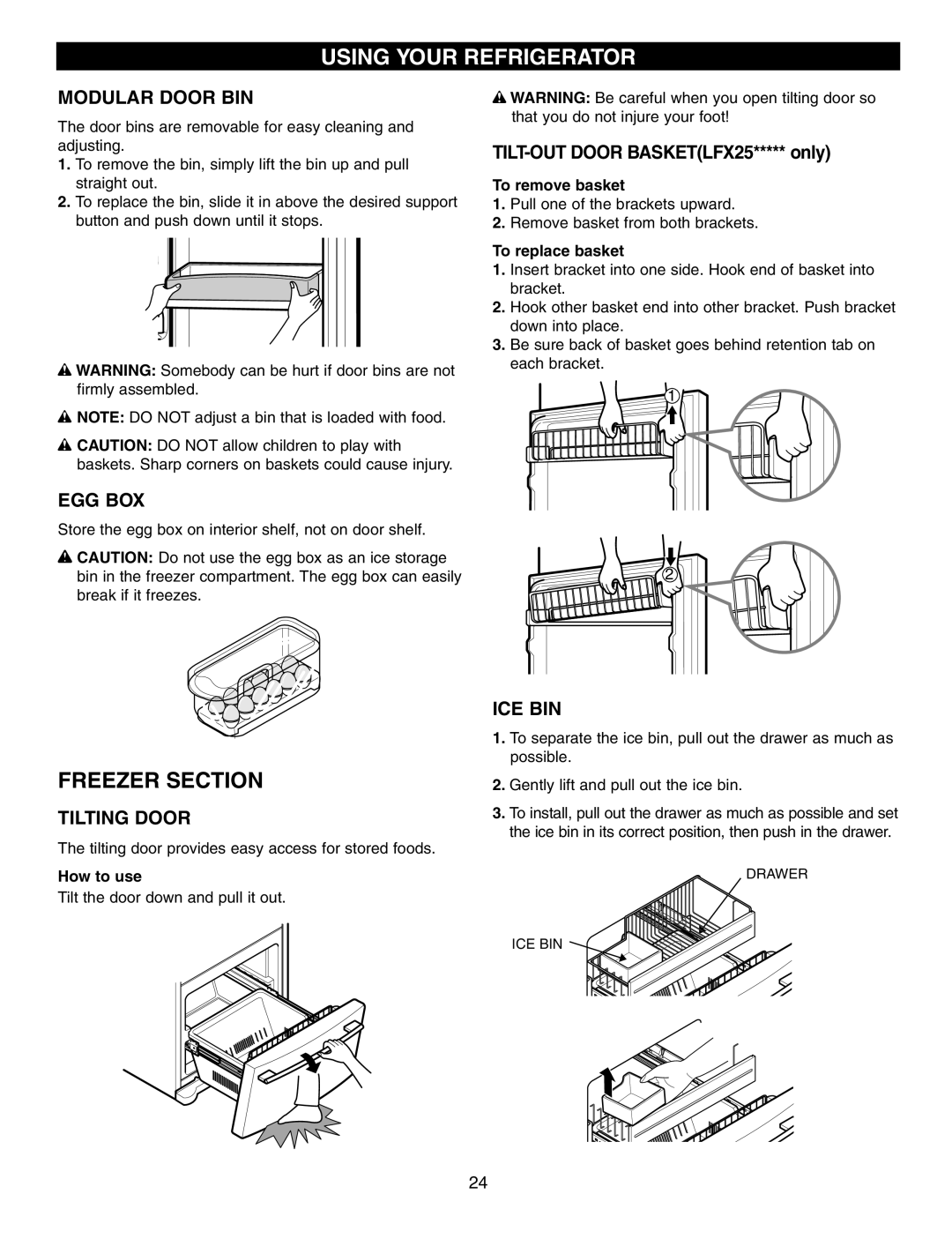 LG Electronics LFX25960 manual Freezer Section, Using Your Refrigerator, Modular Door Bin, Egg Box, Tilting Door, Ice Bin 