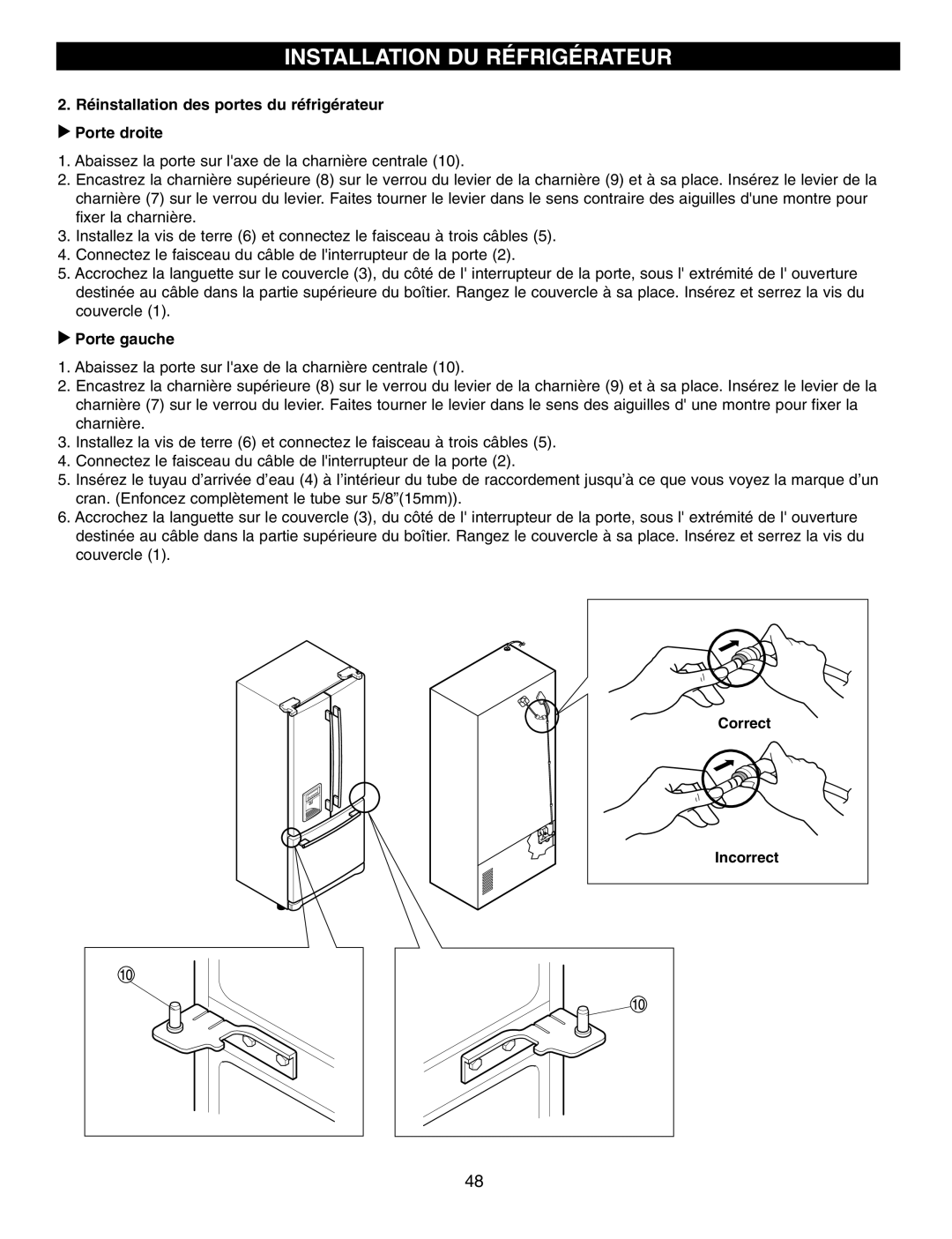 LG Electronics LFX25960 manual Installation Du Réfrigérateur, 2. Réinstallation des portes du réfrigérateur u Porte droite 