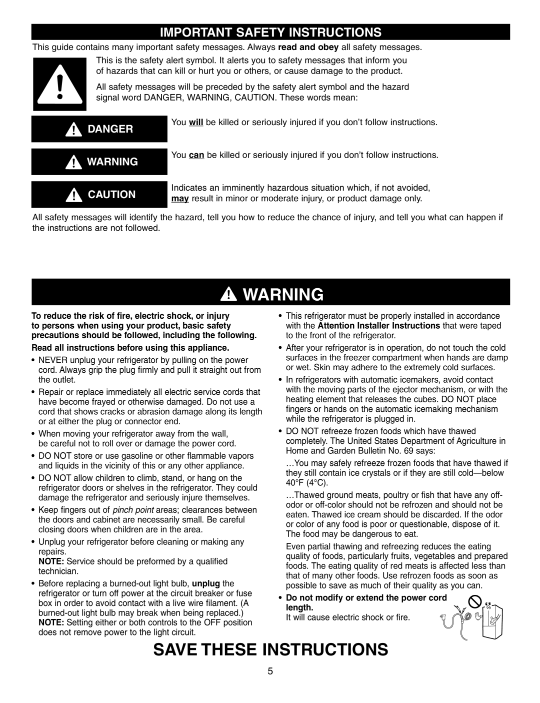 LG Electronics LFX21970, LFX25960, LFX25970 manual Save These Instructions, Important Safety Instructions, Danger 