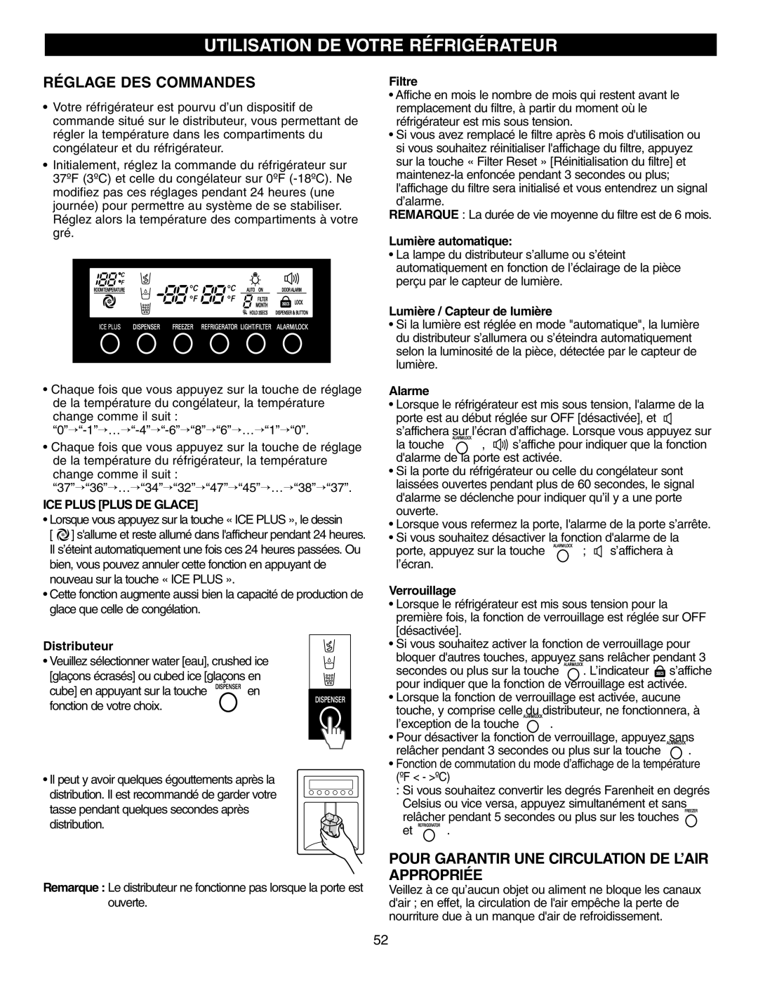 LG Electronics LFX25970 Utilisation De Votre Réfrigérateur, Réglage Des Commandes, Ice Plus Plus De Glace, Distributeur 
