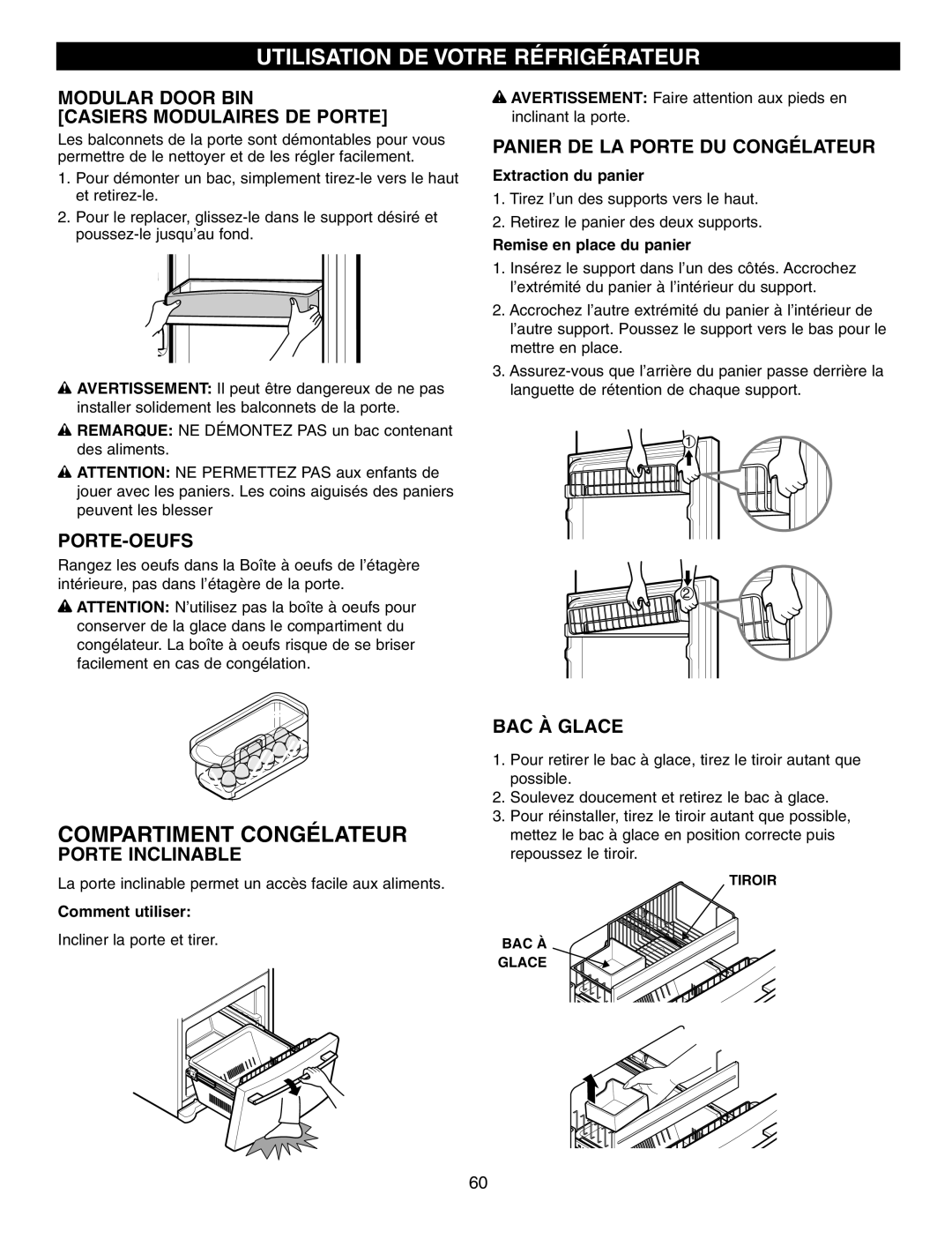 LG Electronics LFX25960 manual Compartiment Congélateur, Utilisation De Votre Réfrigérateur, Porte-Oeufs, Porte Inclinable 