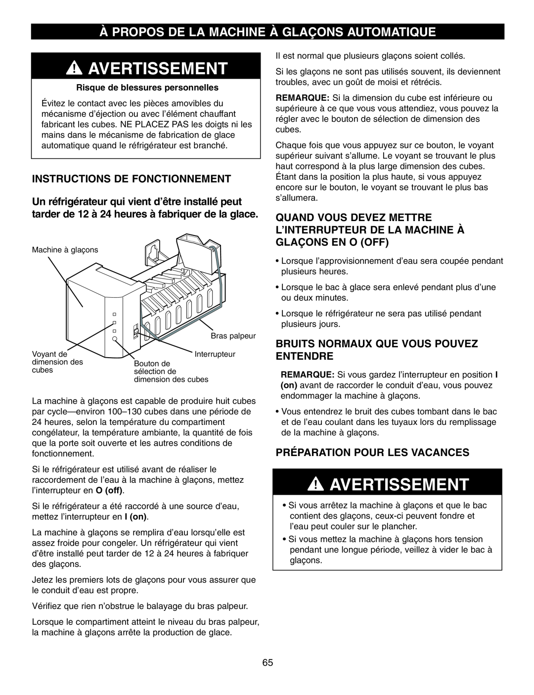 LG Electronics LFX21970 manual À Propos De La Machine À Glaçons Automatique, Avertissement, Instructions De Fonctionnement 