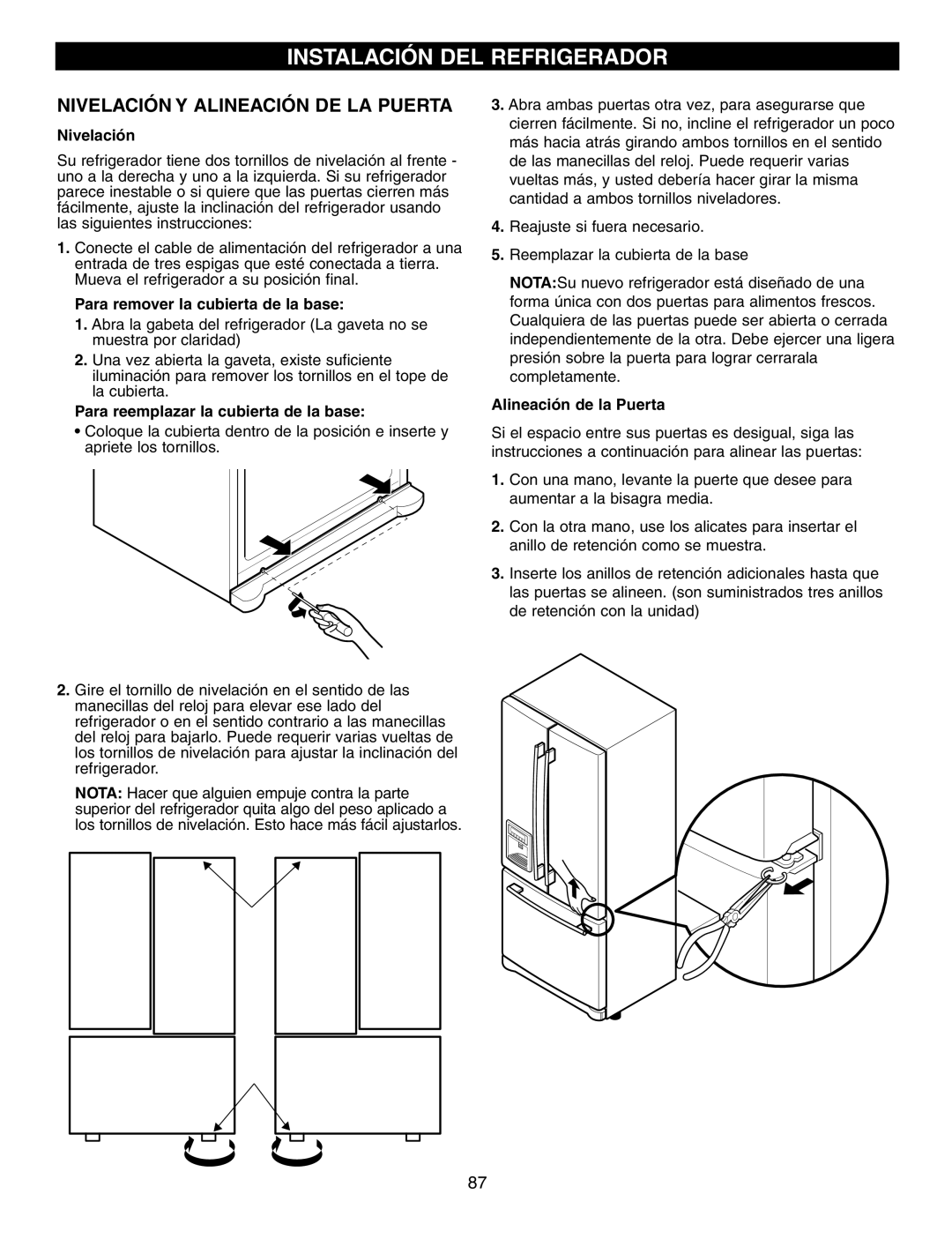 LG Electronics LFX25960 manual Instalación Del Refrigerador, Nivelación Y Alineación De La Puerta, Alineación de la Puerta 
