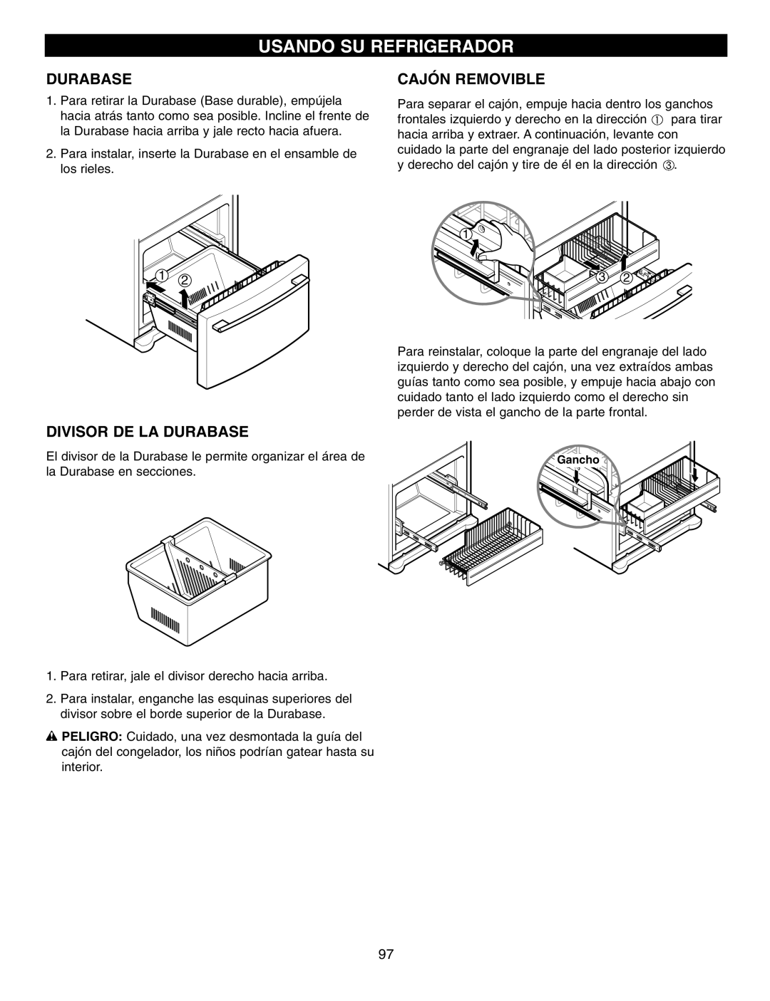 LG Electronics LFX25970, LFX25960, LFX21970 manual Usando Su Refrigerador, Divisor De La Durabase, Cajón Removible 