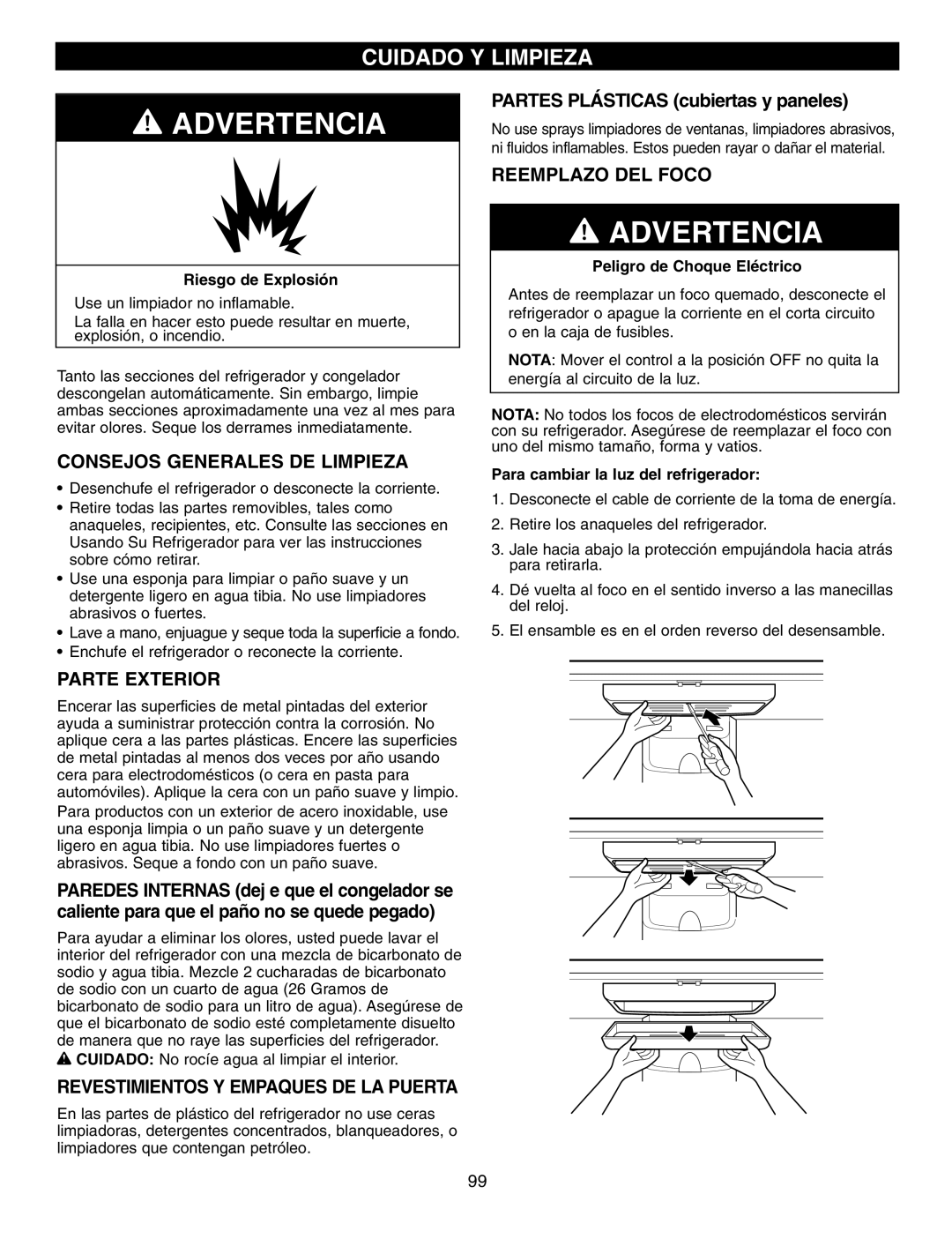 LG Electronics LFX25960 manual Cuidado Y Limpieza, Advertencia, PARTES PLÁSTICAS cubiertas y paneles, Reemplazo Del Foco 