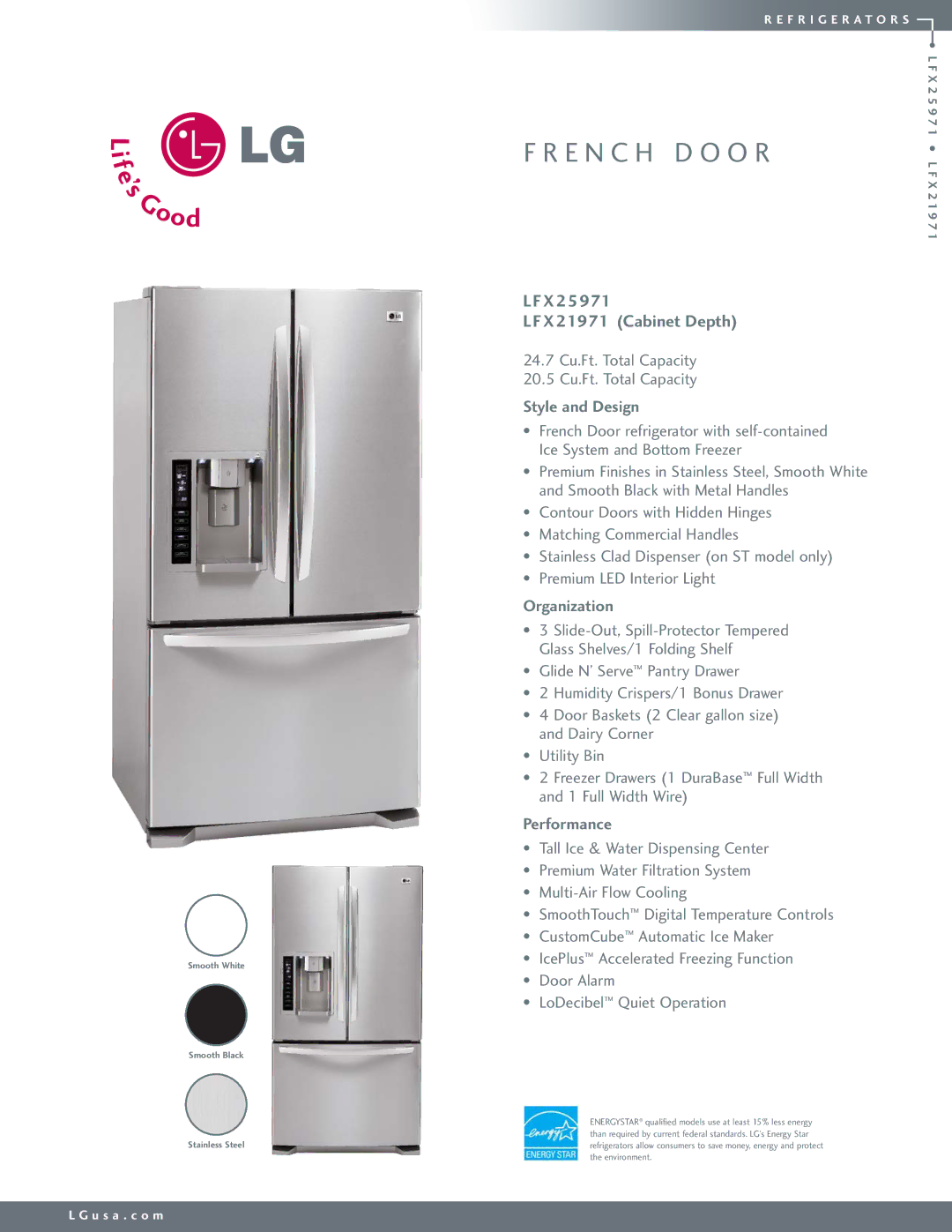 LG Electronics LFX25971ST manual X 21971 Cabinet Depth, Style and Design, Organization, Performance 