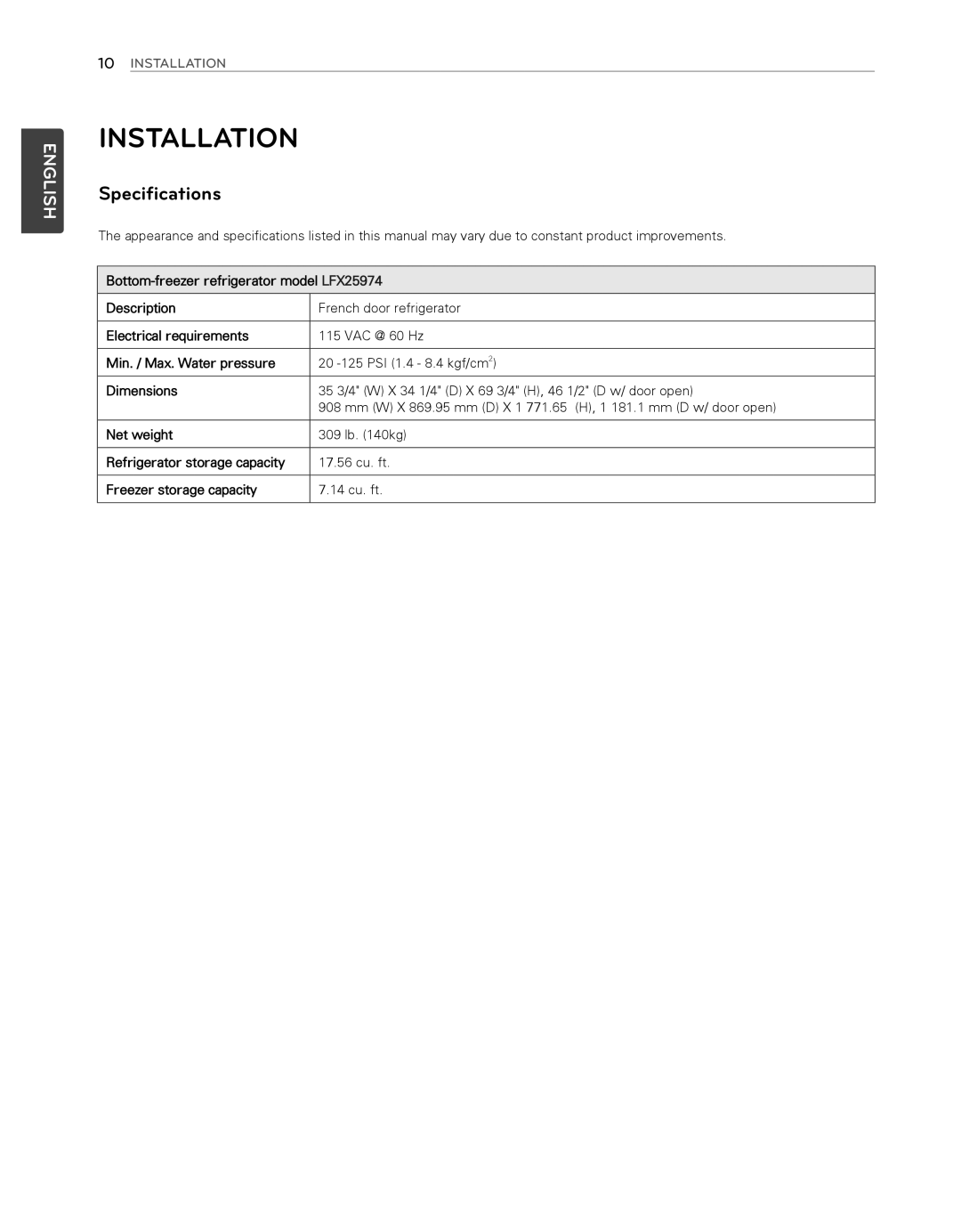 LG Electronics LFX25974SB, LFX25974ST owner manual Installation, Specifications 