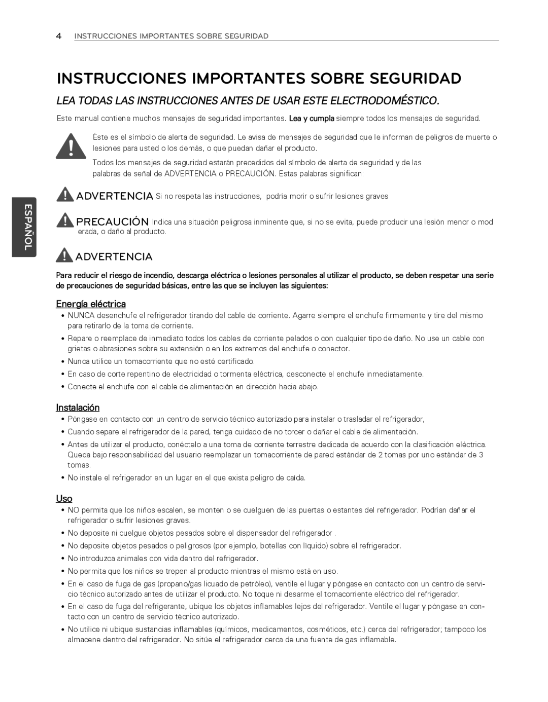 LG Electronics LFX25974SB, LFX25974ST owner manual Instrucciones Importantes Sobre Seguridad, Advertencia 