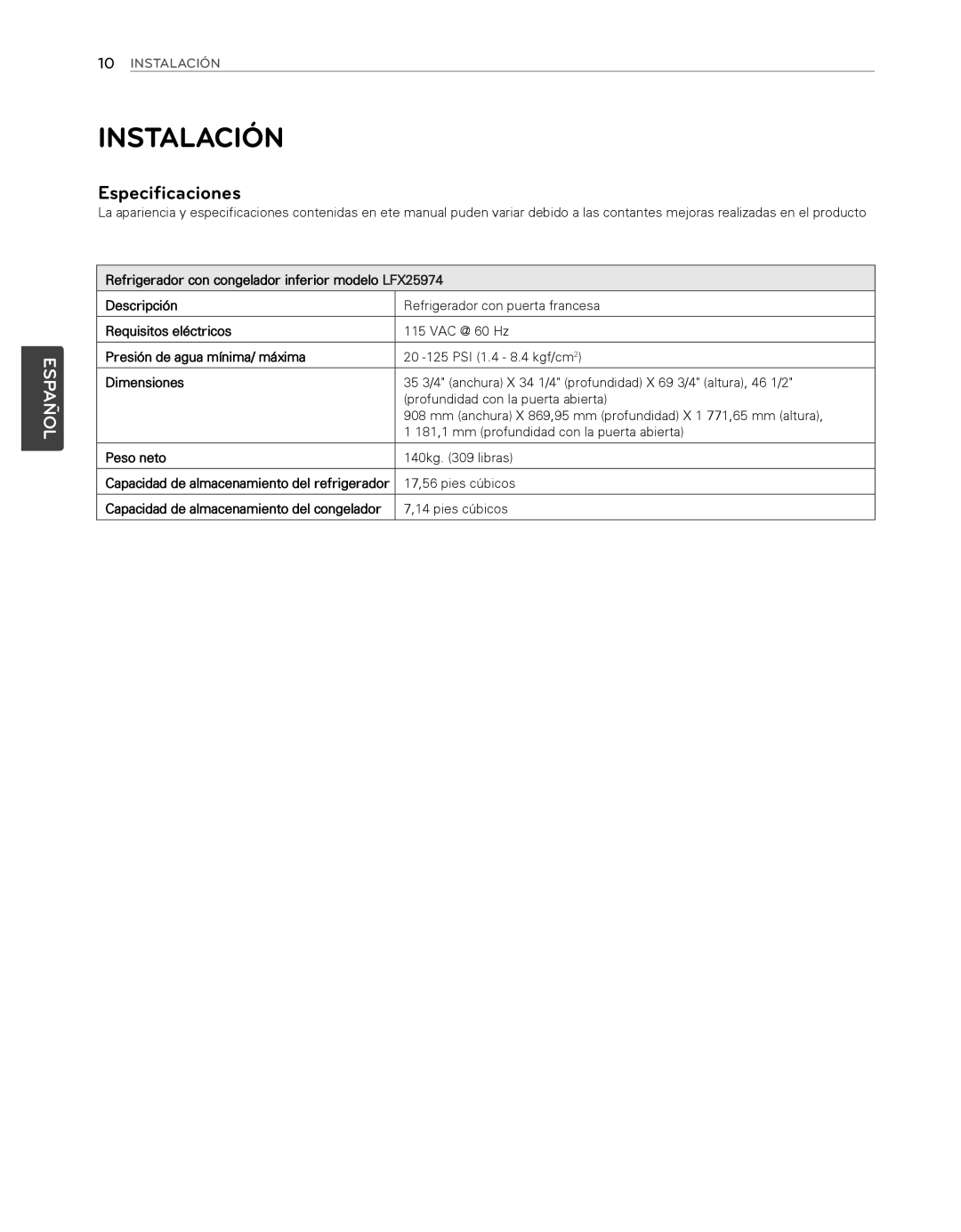 LG Electronics LFX25974SB, LFX25974ST owner manual Instalación, Especificaciones 