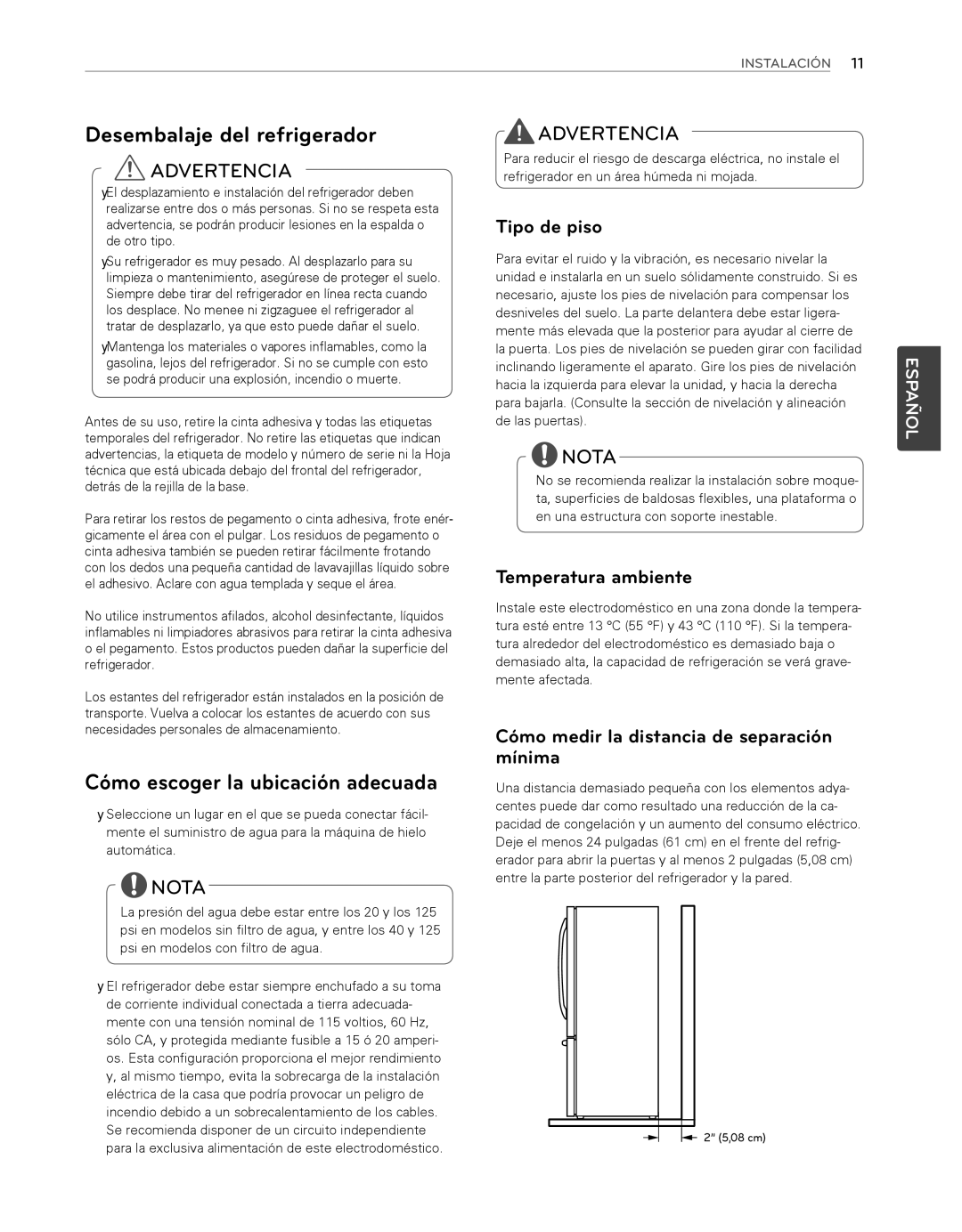 LG Electronics LFX25974ST, LFX25974SB Desembalaje del refrigerador, Cómo escoger la ubicación adecuada, Tipo de piso 