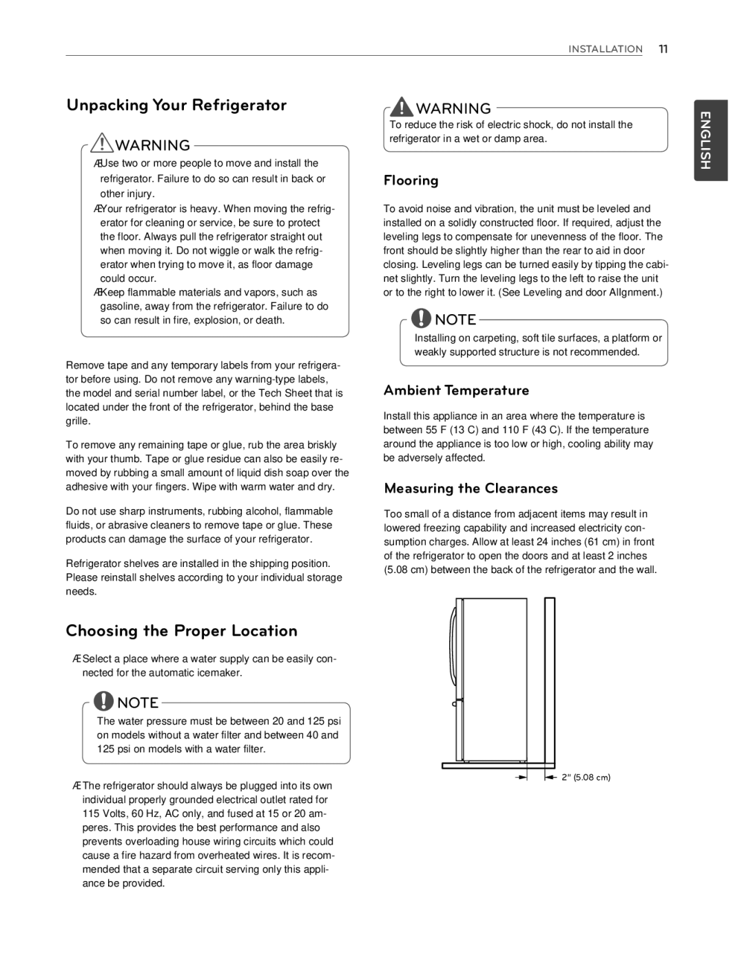 LG Electronics LFX25974ST Unpacking Your Refrigerator, Choosing the Proper Location, Flooring, Ambient Temperature 