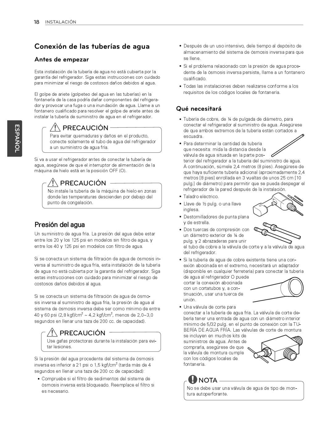 LG Electronics LFX25974SB, LFX25974ST Conexión de las tuberías de agua, Antes de empezar, Presión del agua, Qué necesitará 