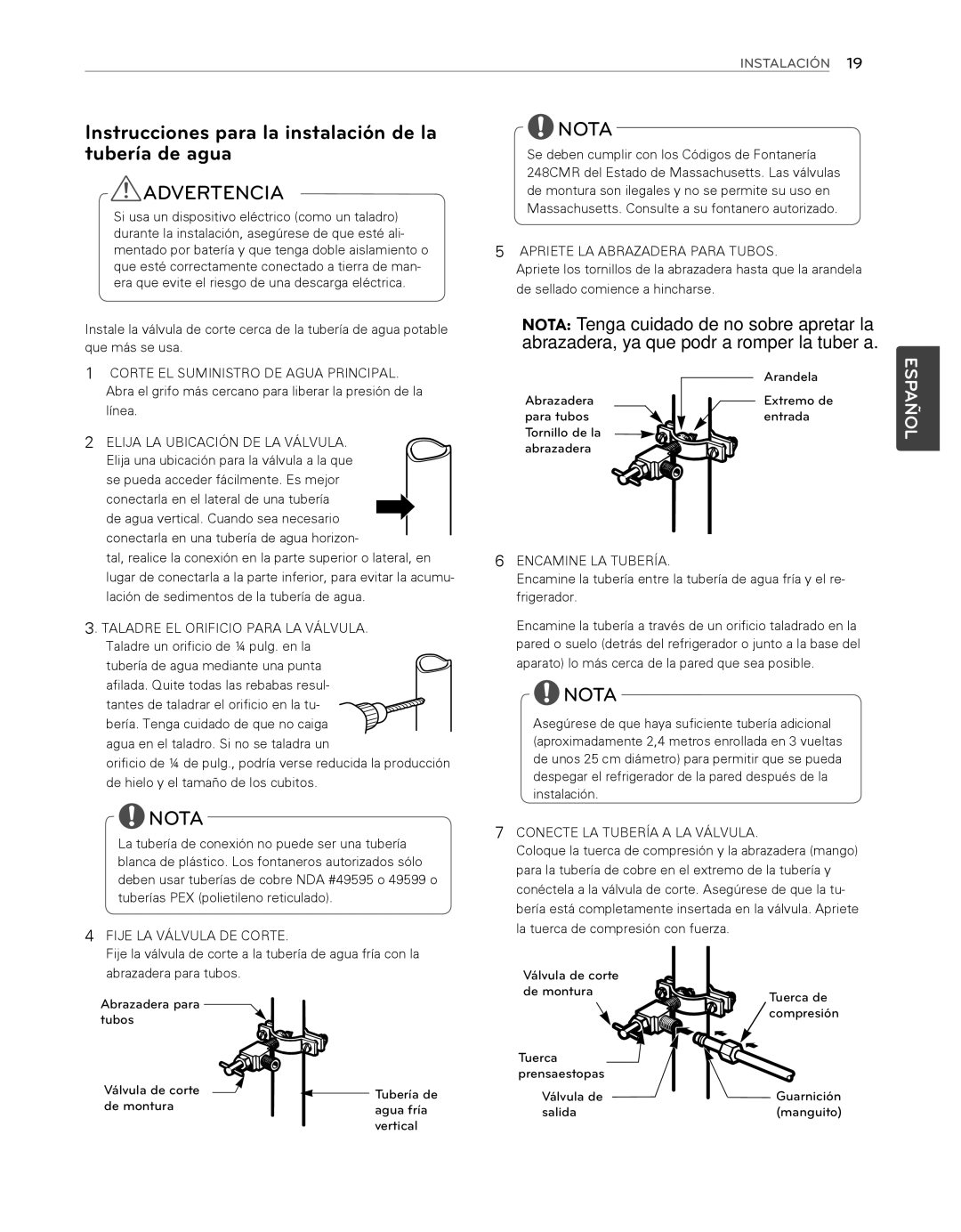 LG Electronics LFX25974ST, LFX25974SB owner manual Arandela, Abrazadera Extremo de Para tubos Entrada Tornillo de la 