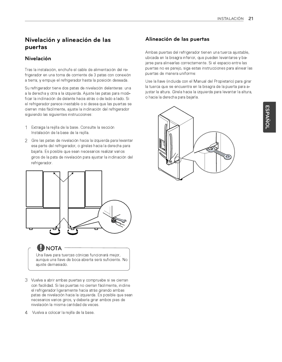 LG Electronics LFX25974ST, LFX25974SB owner manual Nivelación y alineación de las puertas, Alineación de las puertas 