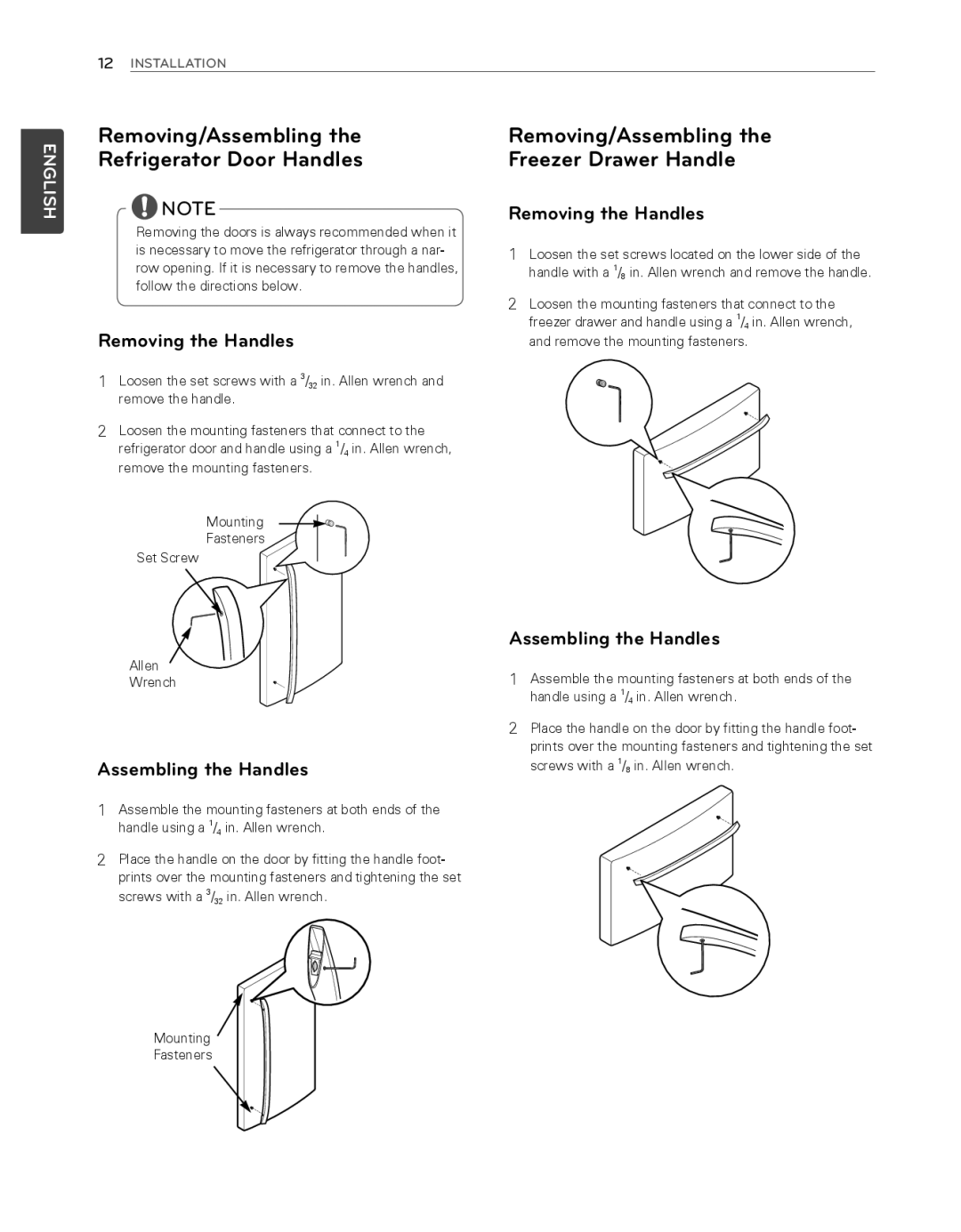 LG Electronics LFX25974SB Removing/Assembling Refrigerator Door Handles, Removing/Assembling Freezer Drawer Handle 