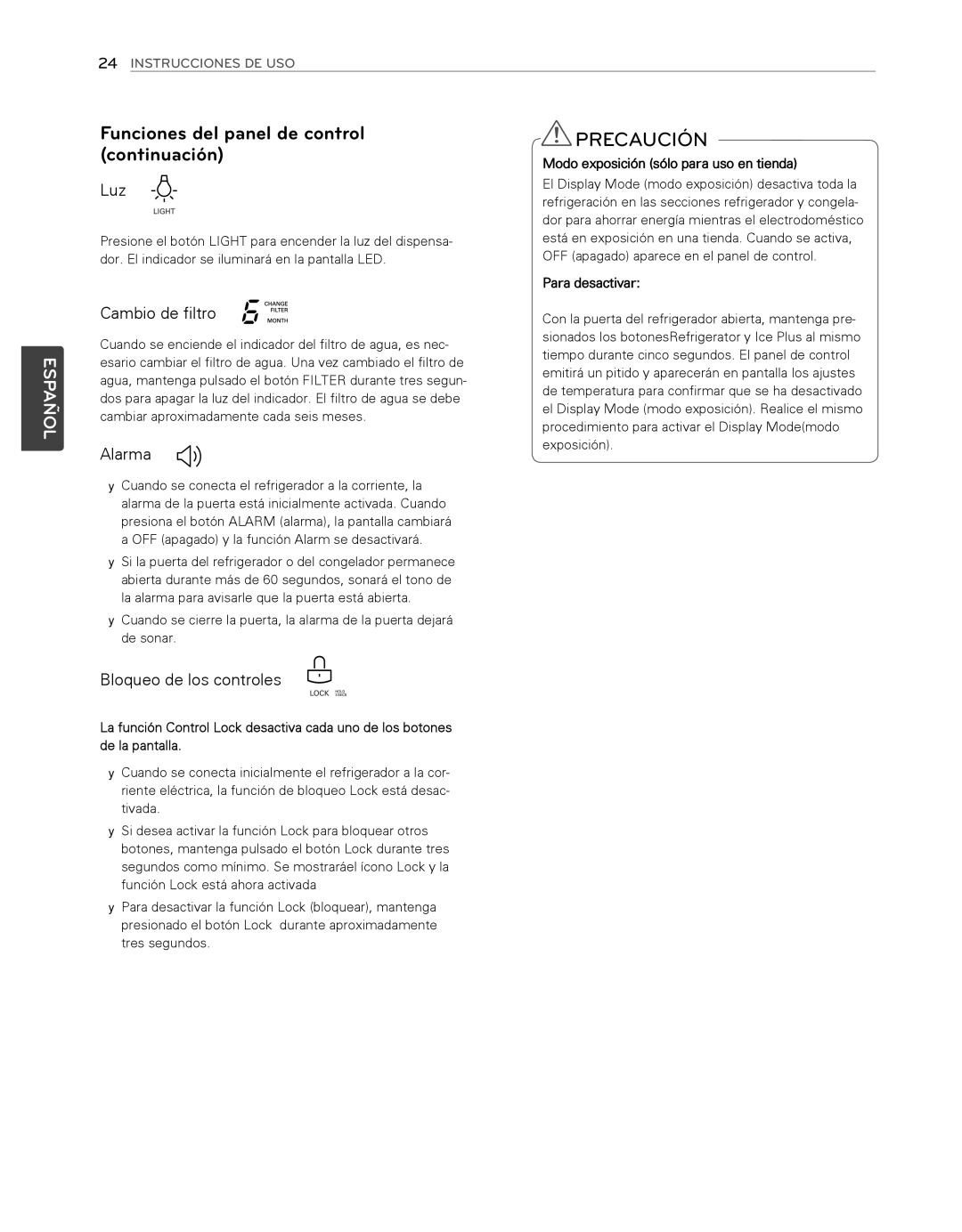 LG Electronics LFX25974SB, LFX25974ST Funciones del panel de control continuación, Modo exposición sólo para uso en tienda 