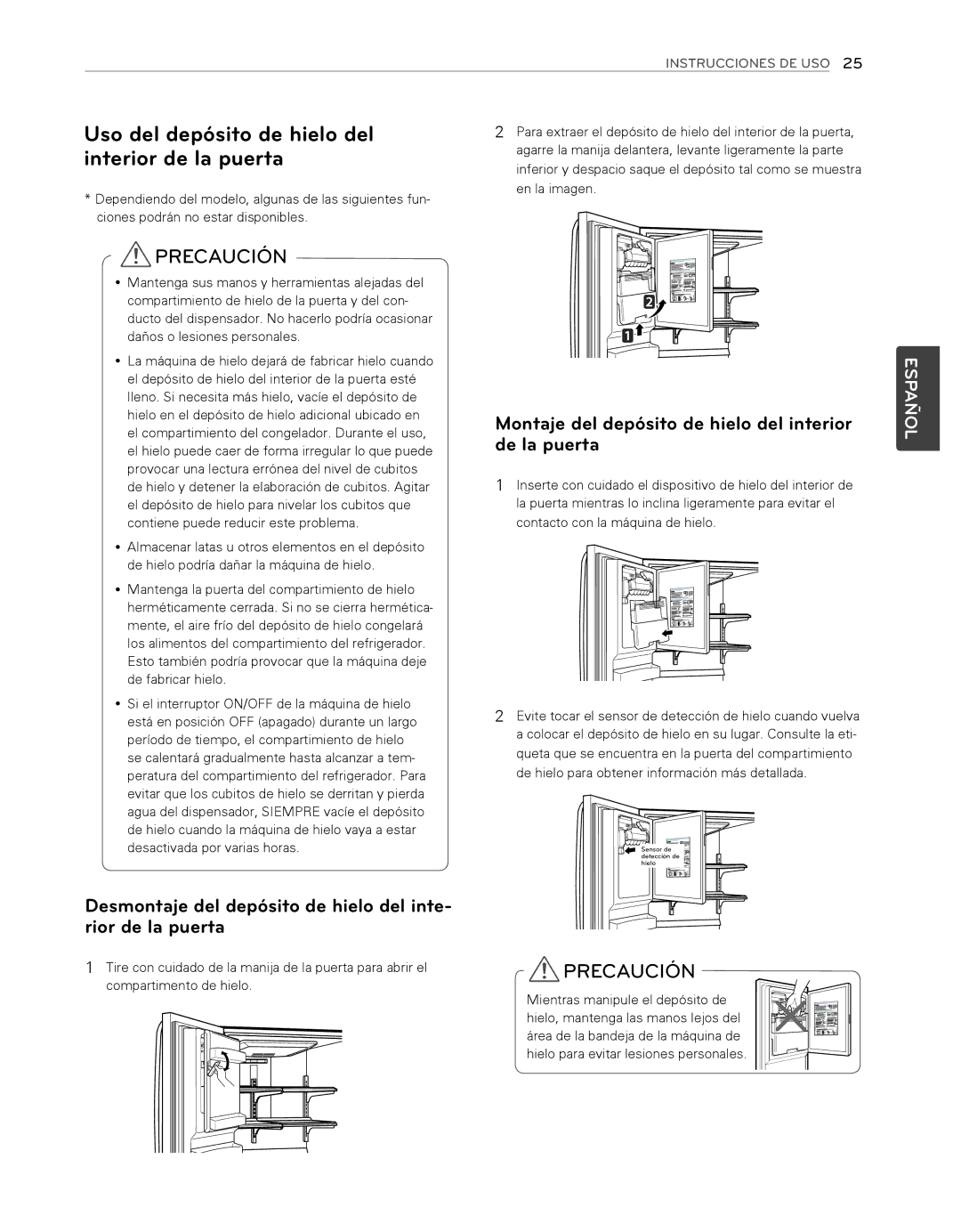 LG Electronics LFX25974ST, LFX25974SB owner manual Uso del depósito de hielo del interior de la puerta 