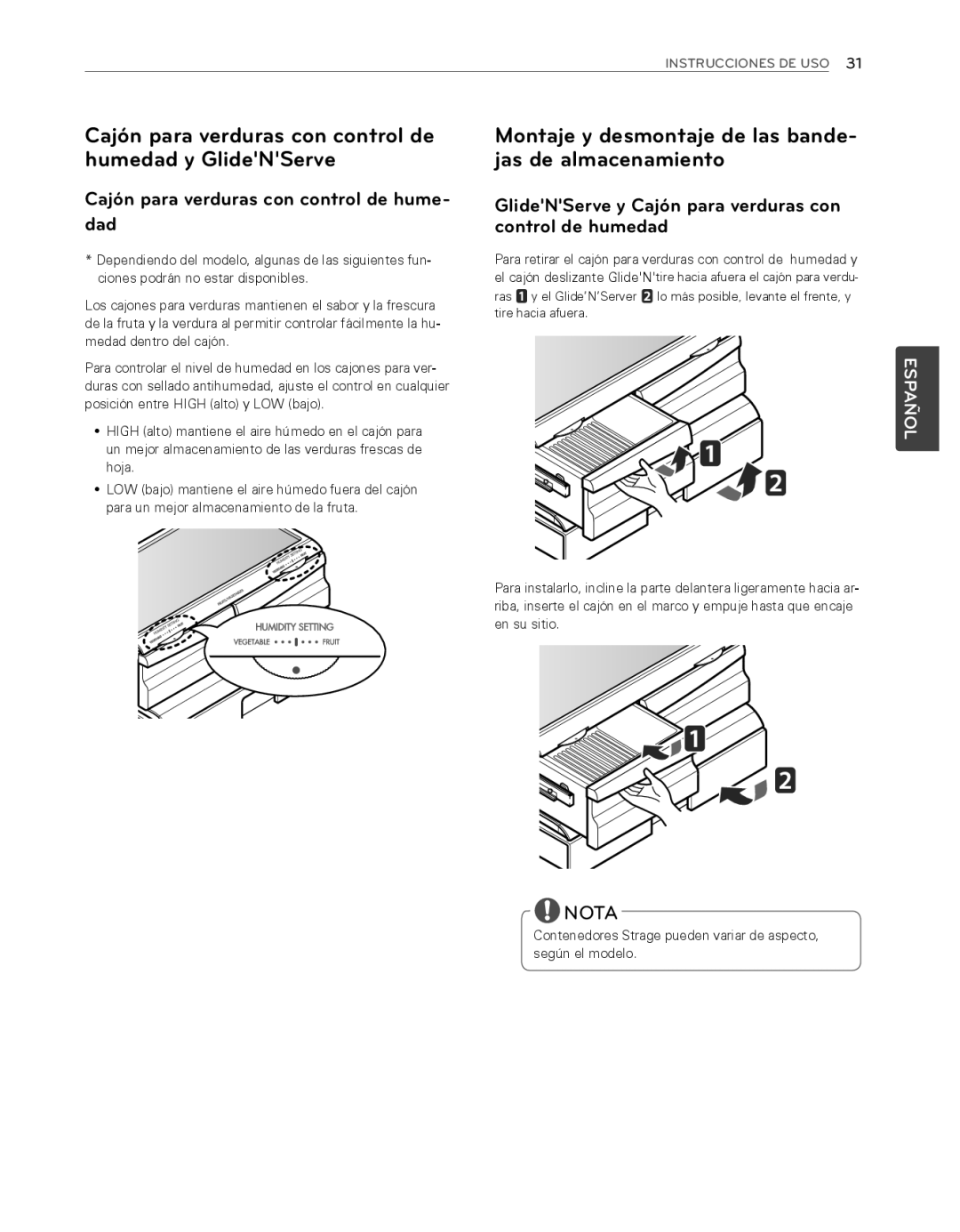 LG Electronics LFX25974ST, LFX25974SB owner manual Cajón para verduras con control de humedad y GlideNServe 