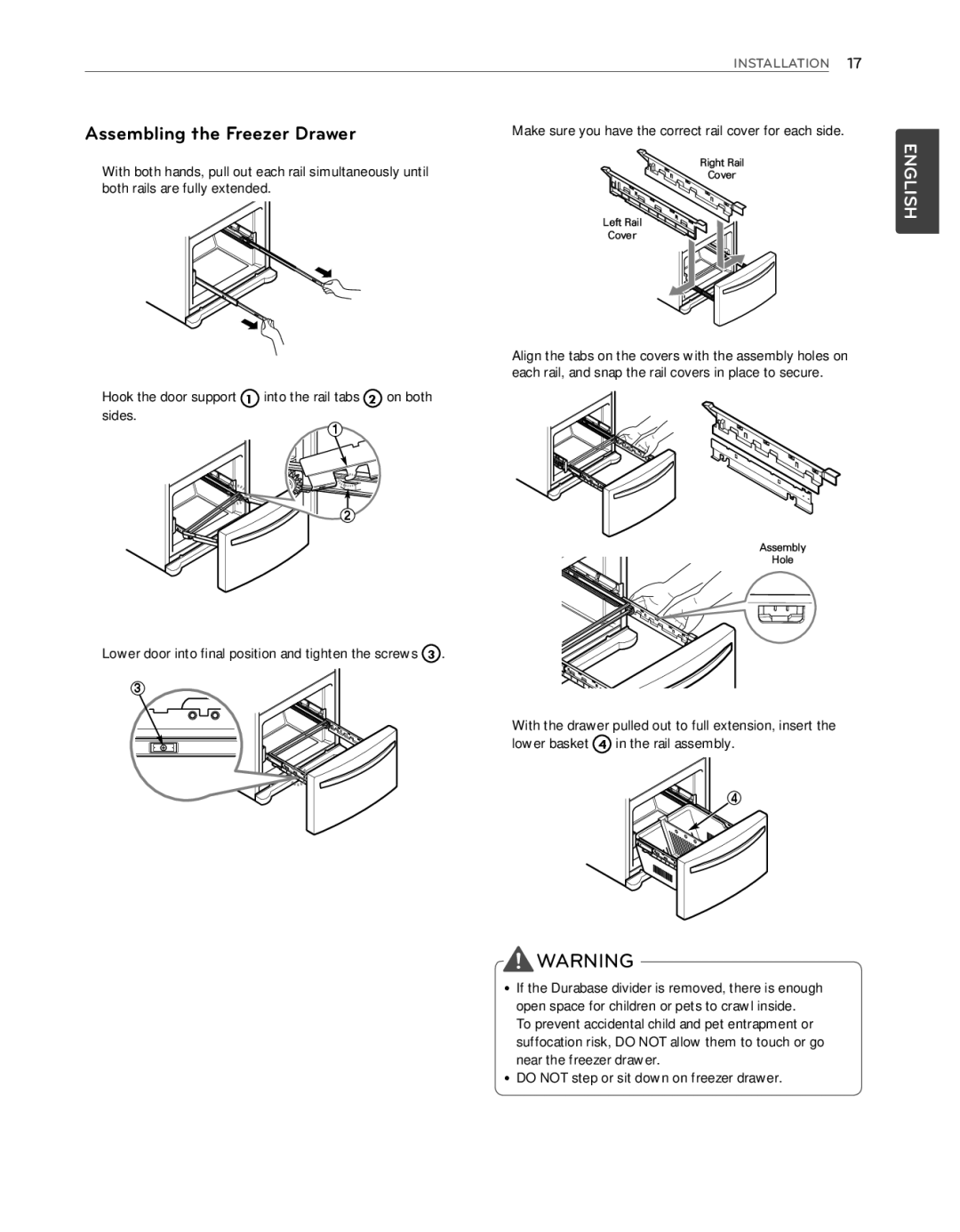 LG Electronics LFX25974ST Assembling the Freezer Drawer, Make sure you have the correct rail cover for each side 