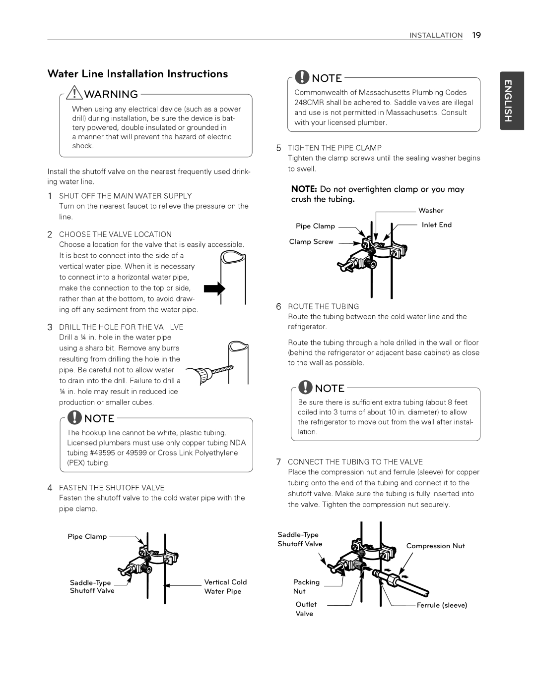 LG Electronics LFX25974ST, LFX25974SB owner manual Water Line Installation Instructions, Pipe Clamp Saddle-Type 