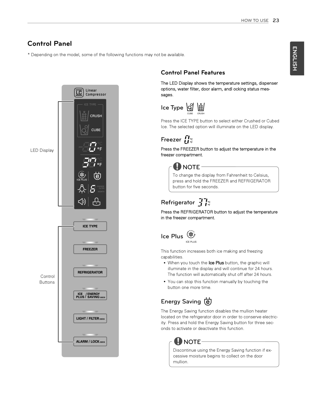 LG Electronics LFX25974ST, LFX25974SB owner manual Control Panel Features 